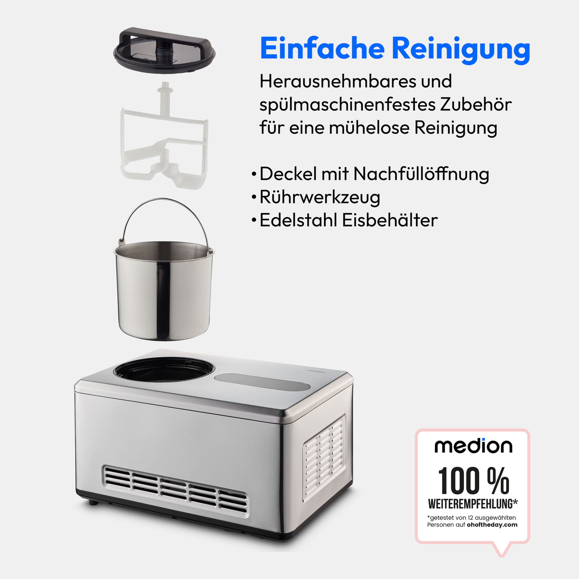 Medion® Eismaschine »MD 12170, 2 L Kapazität, integrierter Kompressor, Smartphonesteuerung«, 220 W, Herausnehmbarer Edelstahl-Eisbehälter, Sensor-Touch-LED-Display