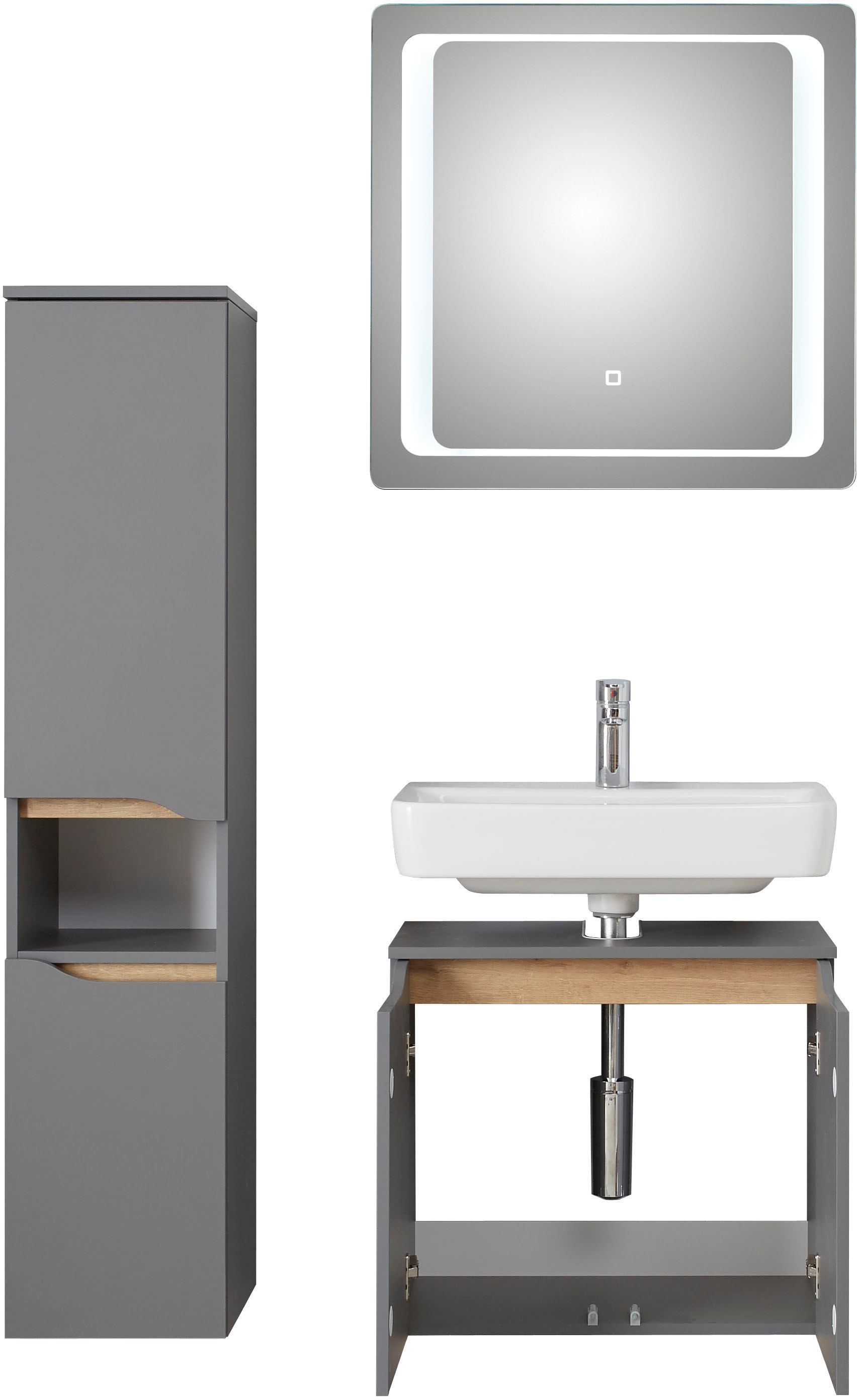 Saphir Badmöbel-Set »Quickset 3-teilig, Waschbeckenunterschrank mit LED-Spiegel«, (3 St.), mit Midischrank, inkl. Türdämpfer, 4 Türen, 1 Nische, Bad-Set