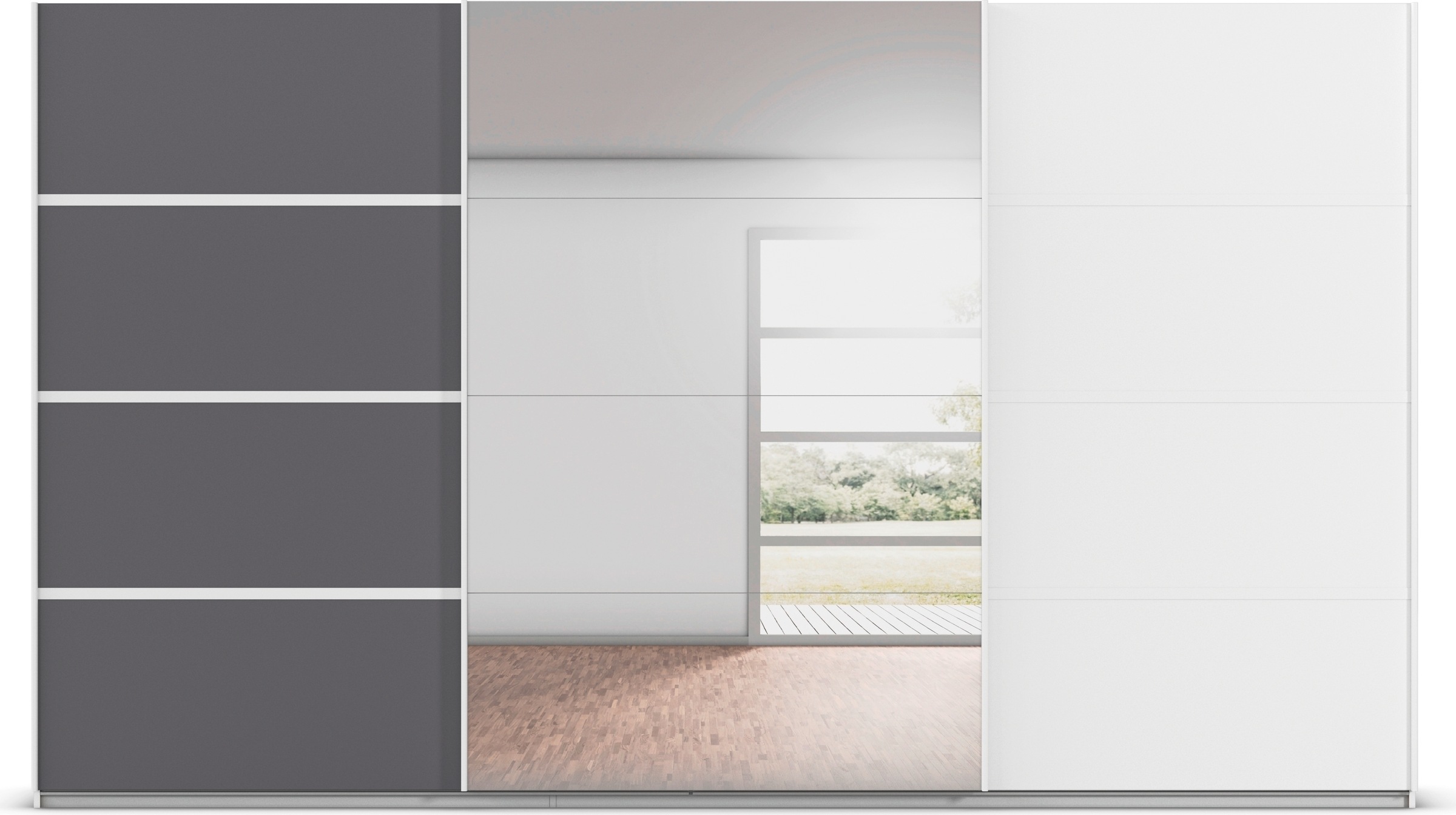 rauch Kleiderschrank »Schwebetürenschrank Garderobe Schrank TOP ANGEBOT Avola«, (in 3 verschiedenen Ausstattungen BASIC/CLASSIC/PREMIUM inkl. Spiegel), mit eleganten Zierleisten in Chrom, Schwarz oder Weiß MADE IN GERMANY