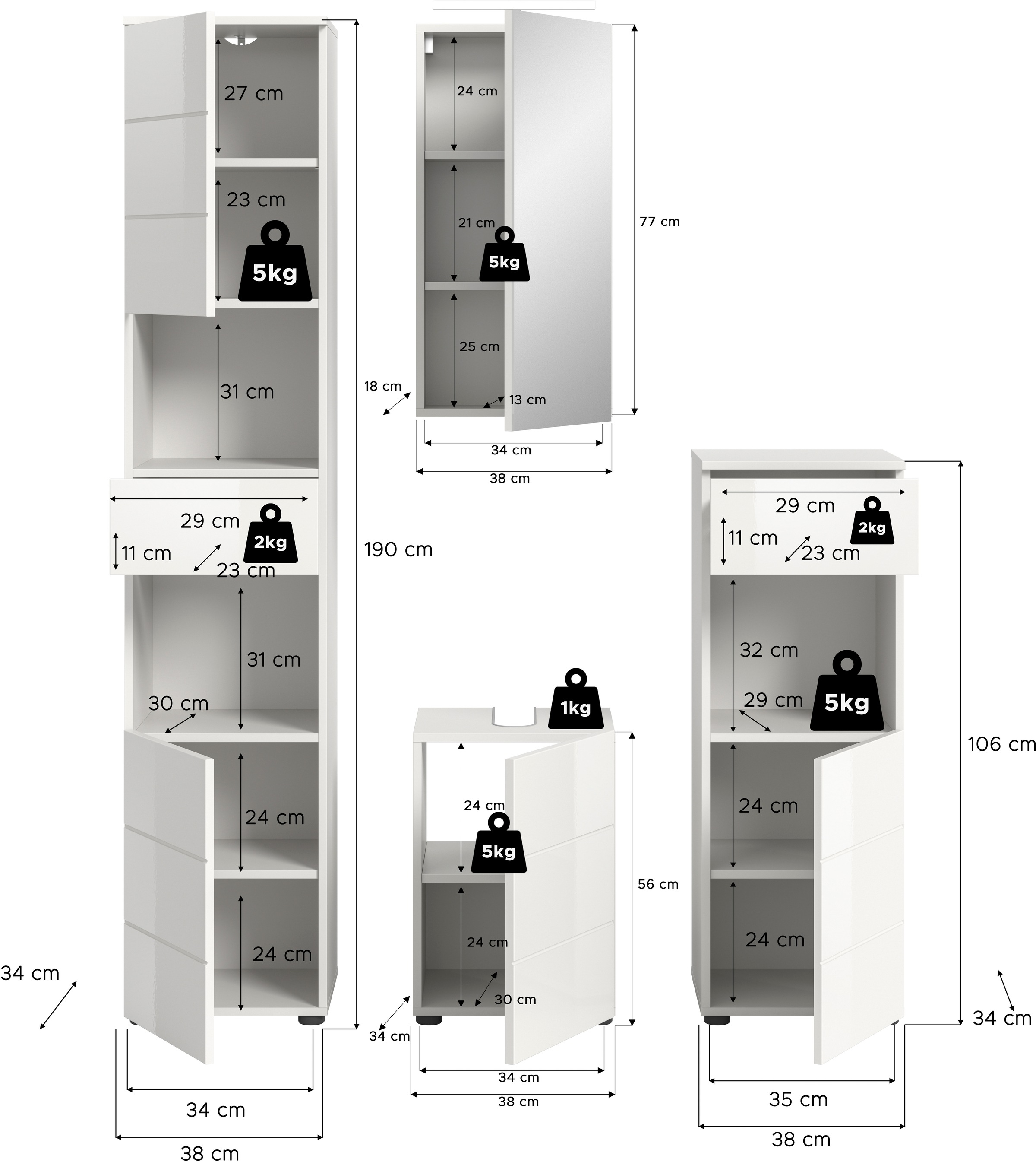 welltime Badmöbel-Set »Biel, Höhe 190 cm,Hochschrank,WBU, Spiegelschrank, Unterschrank, Lampe«, (5 St.), Bad Set, modern, Hoch-und Unterschrank, Spiegel, Aufsatzleuchte