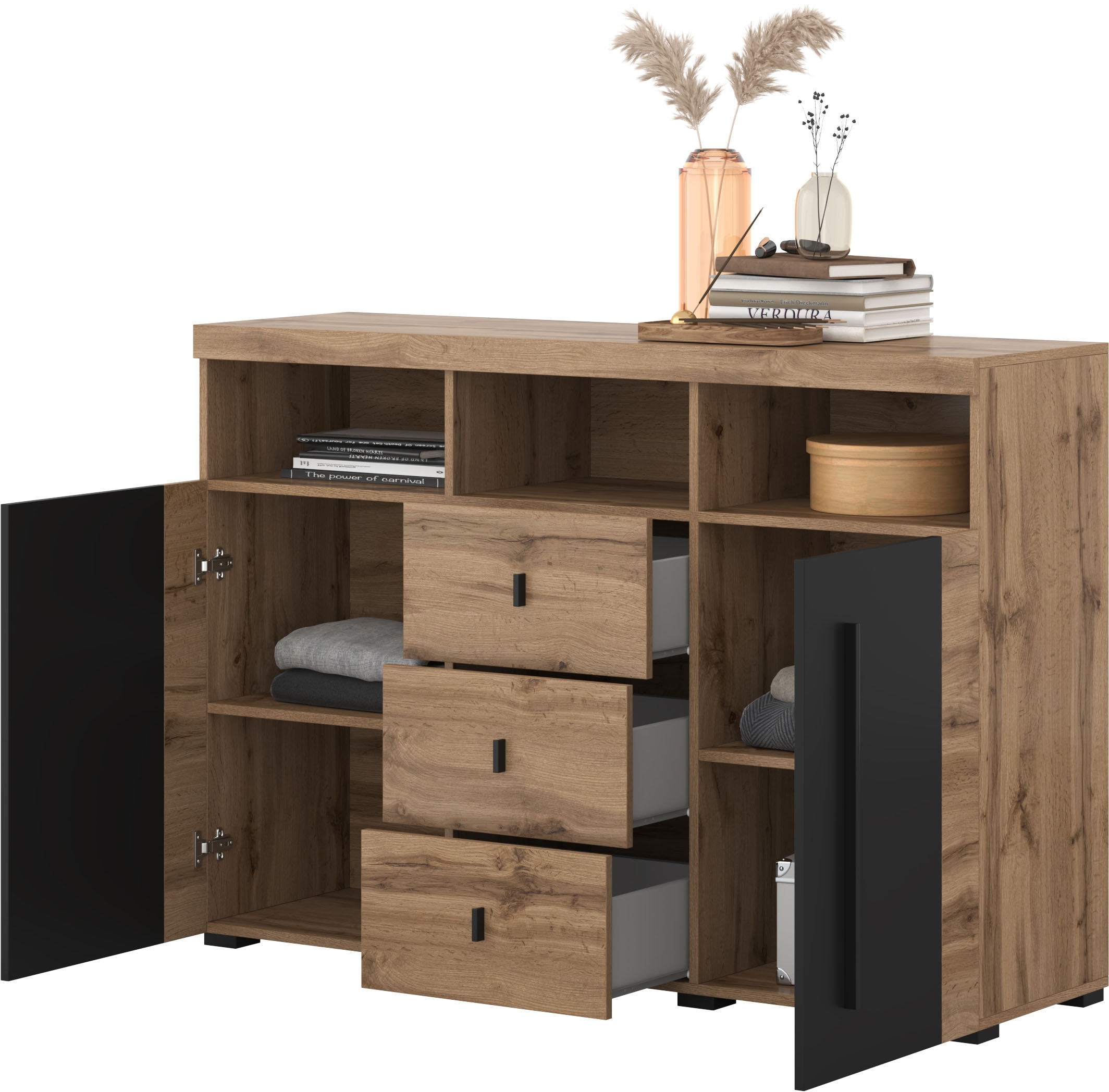 INOSIGN Sideboard »Roger,Breite 132cm, stilvolle Schrank, 2 Holztüren 3 Schubladen«, Kommode mit viel Stauraum, Einlegeböden verstellbar