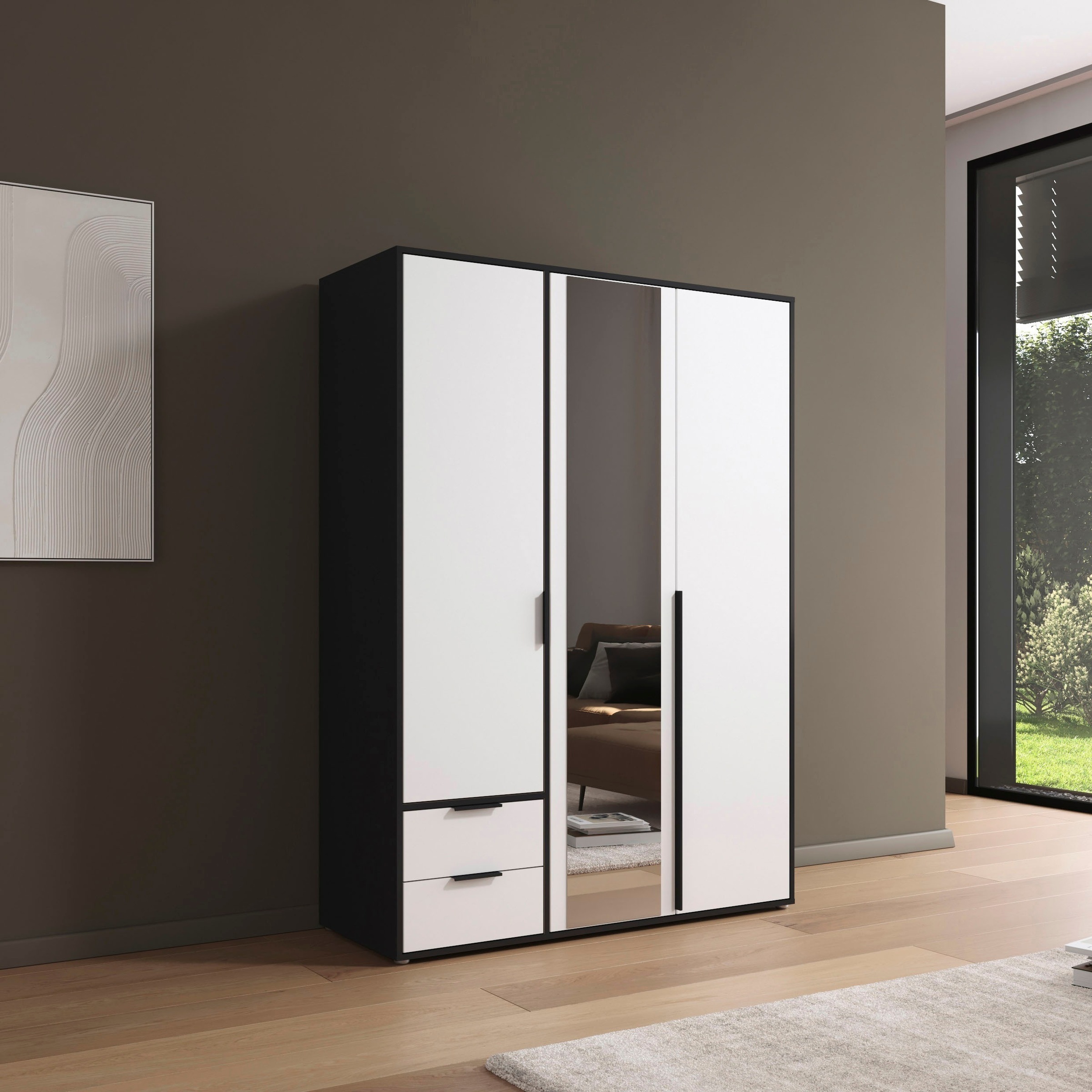 rauch Drehtürenschrank »Kleiderschrank Schrank Garderobe Wäscheschrank NAGATA mit Spiegel«, (in 3 verschiedenen Ausstattungen BASIC/CLASSIC/PREMIUM), und Schubladen sowie Stangengriffen TOPSELLER MADE IN GERMANY