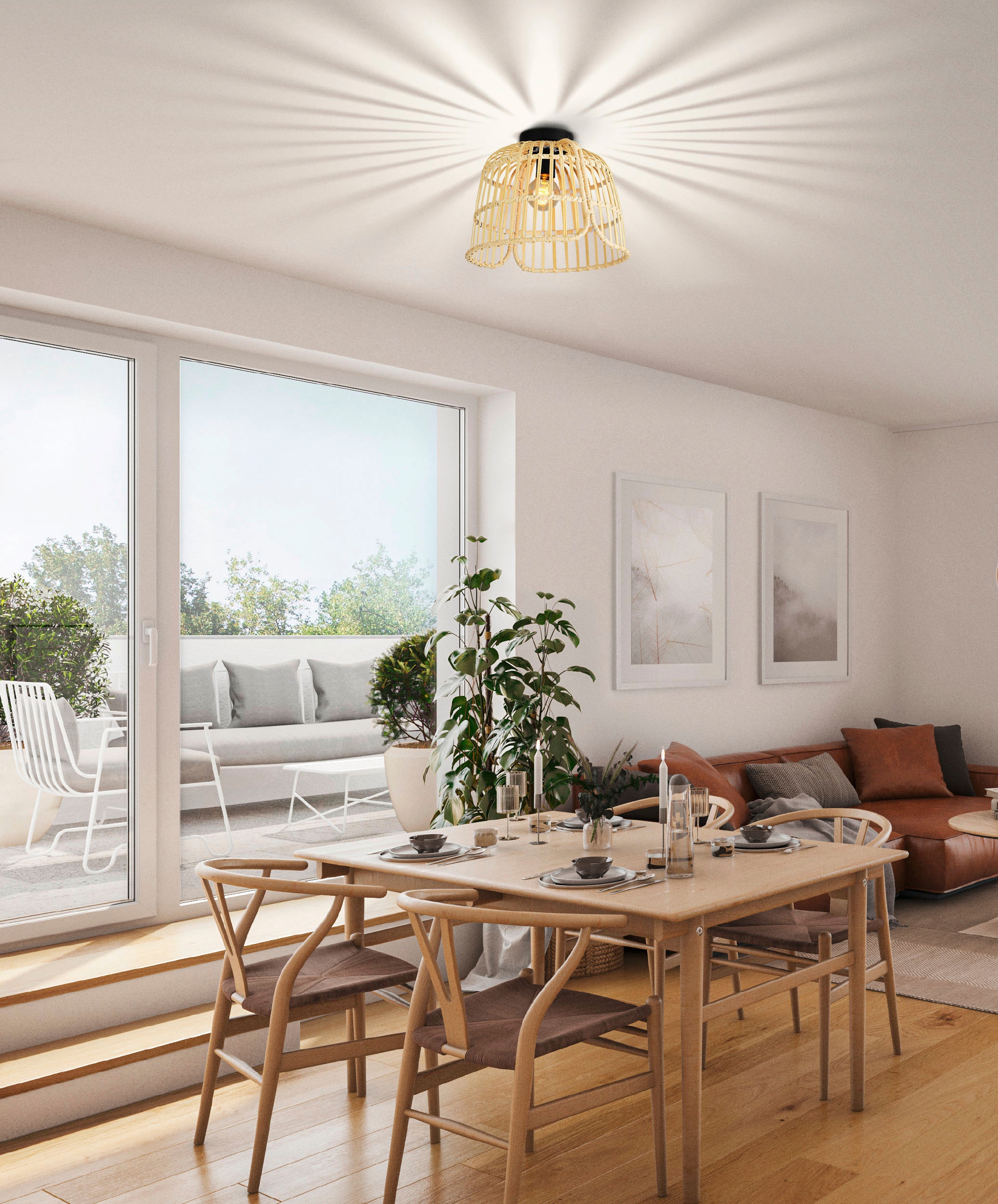 EGLO Deckenleuchte »GLYNEATH«, Leuchtmittel E27 | Leuchtmittel wechselbar-ohne Leuchtmittel, Deckenleuchte im Boho Style, Natur Wohnzimmerlampe, mit E27 Fassung