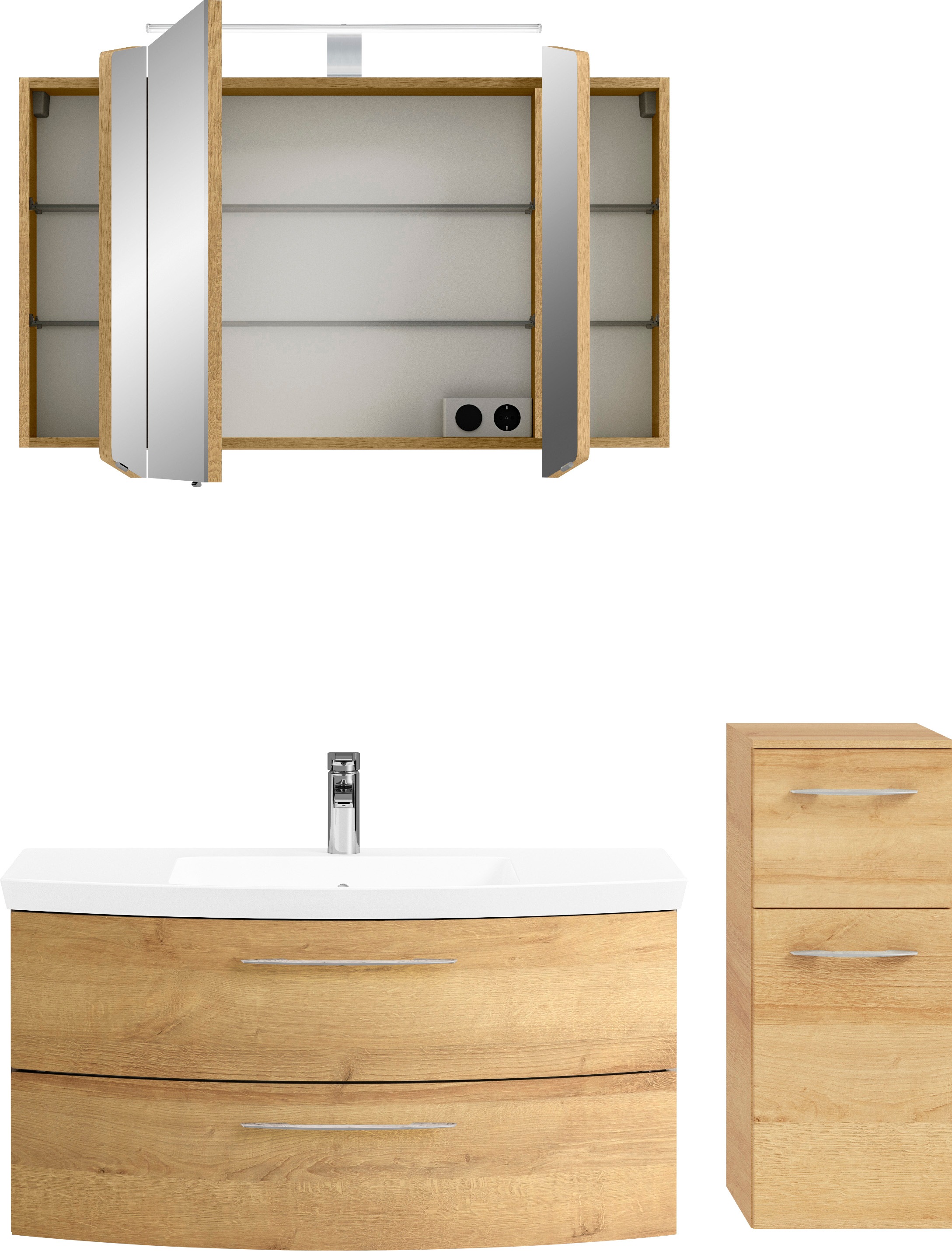 Saphir Badmöbel-Set »Cassca Sprint 3-teilig Mineralmarmor-Waschtisch mit LED-Spiegelschrank«, (4 St.), mit Unterschrank, 4 Türen, 3 Schubladen, inkl. Türdämpfer