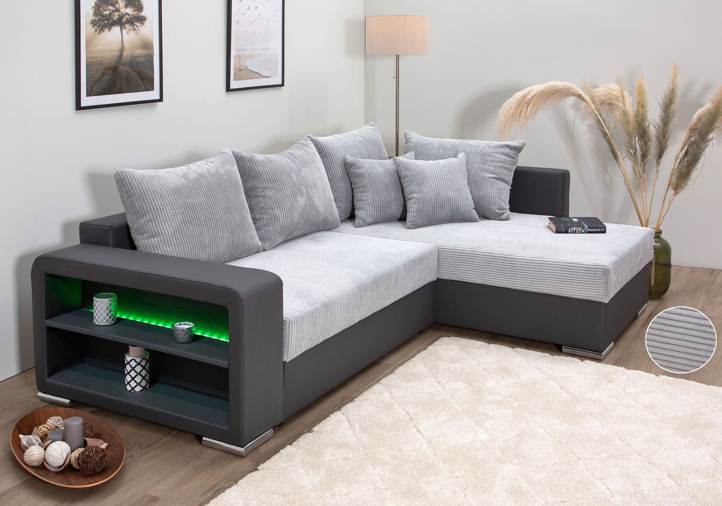 COLLECTION AB Ecksofa »L-Form«, Regalarmlehne mit LED RGB Beleuchtung,Bettfunktion und Bettkasten