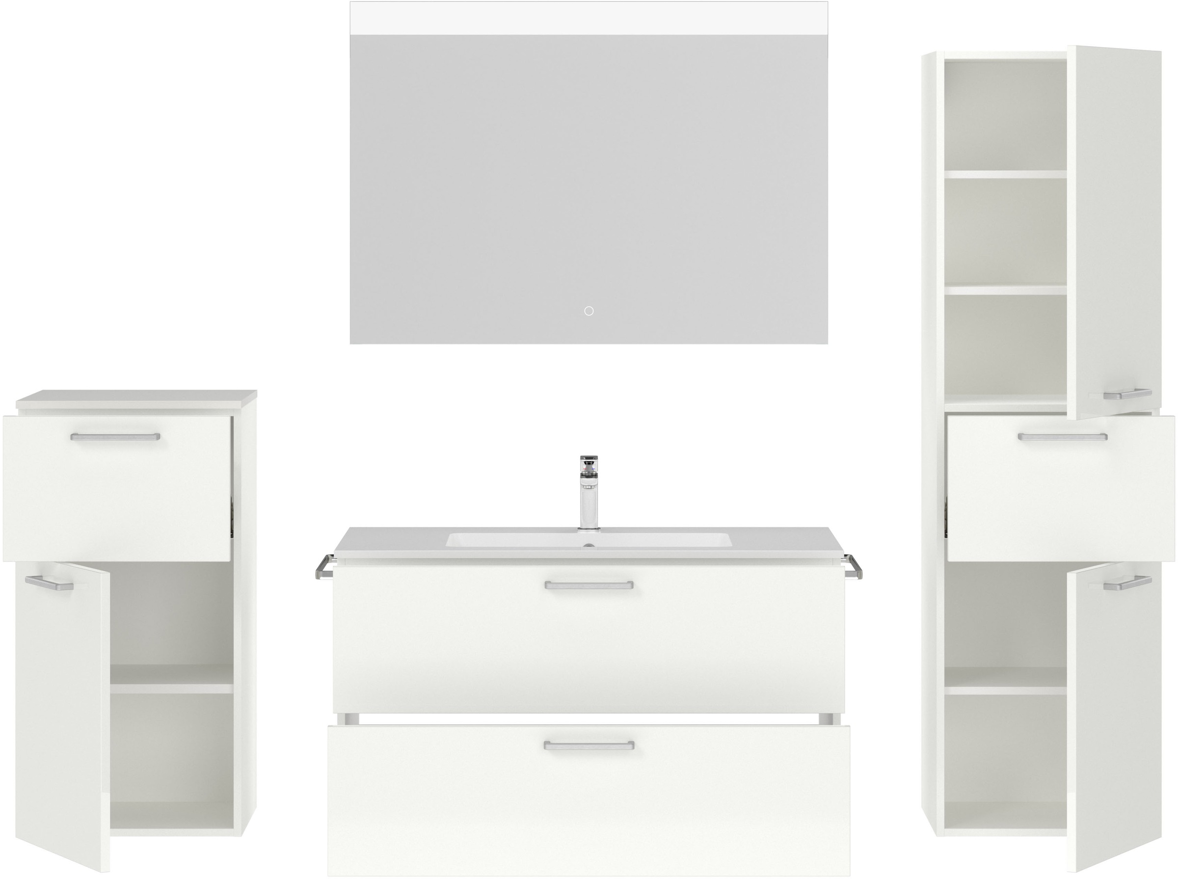 nobilia® Badmöbel-Set »Tolvina«, (4 St., vormontiert, mit Soft-Close), Hochglanz, inkl. Spiegel mit Touch-Sensor, in vier Breiten