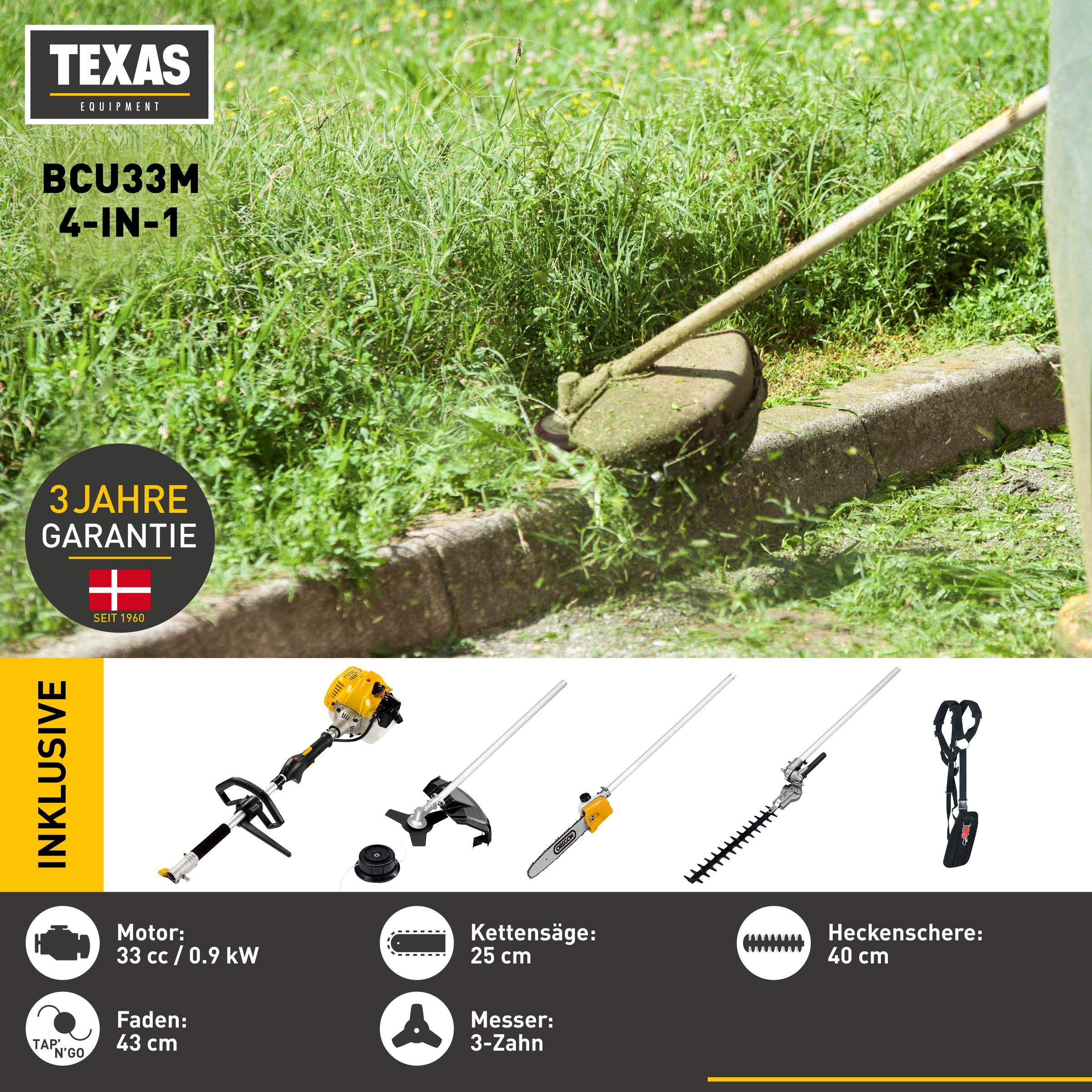 Texas Benzin-Freischneider »Kombigerät BCU33M«, (Set, 6 St.), 4-in-1 Trimmen, Schneiden, Sägen, Heckenpflege