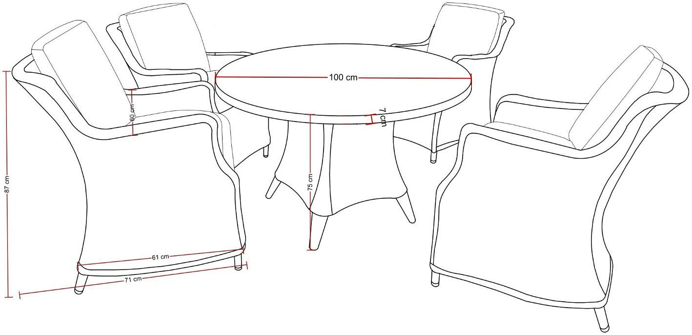 Destiny Garten-Essgruppe »LUNA«, (Set, 5 tlg., 1 Tisch Ø, 4 Sessel), (Set, 13-tlg., 4x Sessel, 1 Tisch Ø 100x75cm) Aluminium, Polyrattan