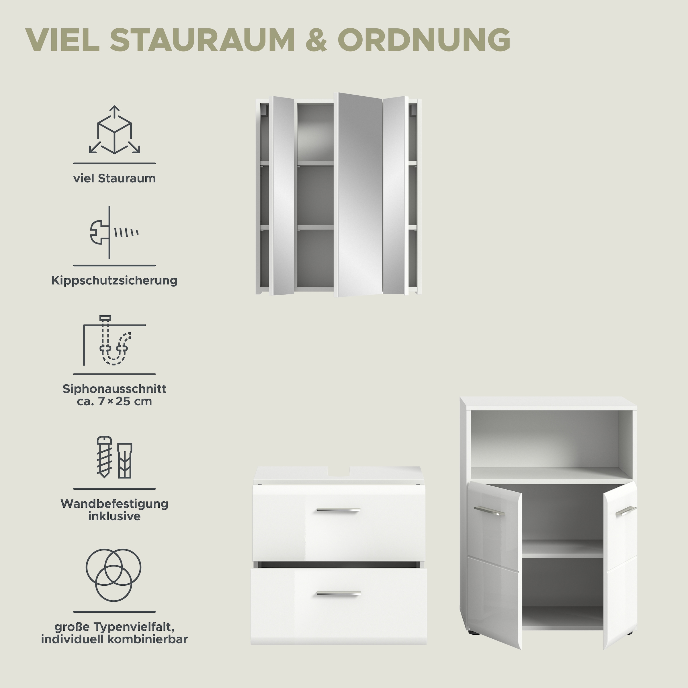 INOSIGN Badmöbel-Set »FLORENZ, TOPSELLER!, 3-teilige Badkombination, hochwertige MDF-Front«, (best. aus: Waschbeckenunterschrank, Spiegelschrank, Midischrank breit), Bad-Kombination, Bad-Möbel, Badezimmer, Kombination, Kombi