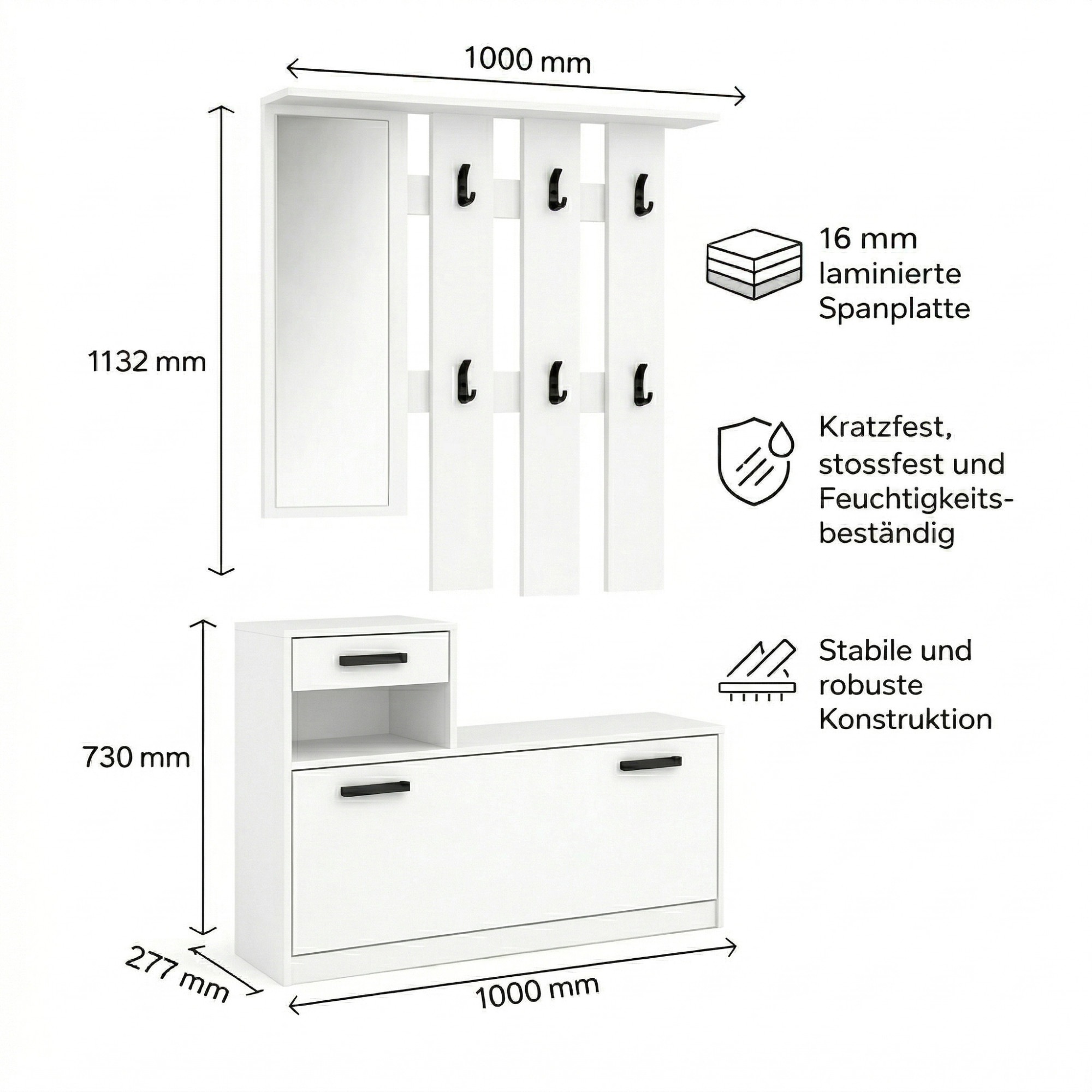 OTTO home Garderoben-Set »Luna Kommode mit 1 Klappe + 1 Schubkasten, Paneel mit Spiegel 6 Haken« 2 Stk. tlg.