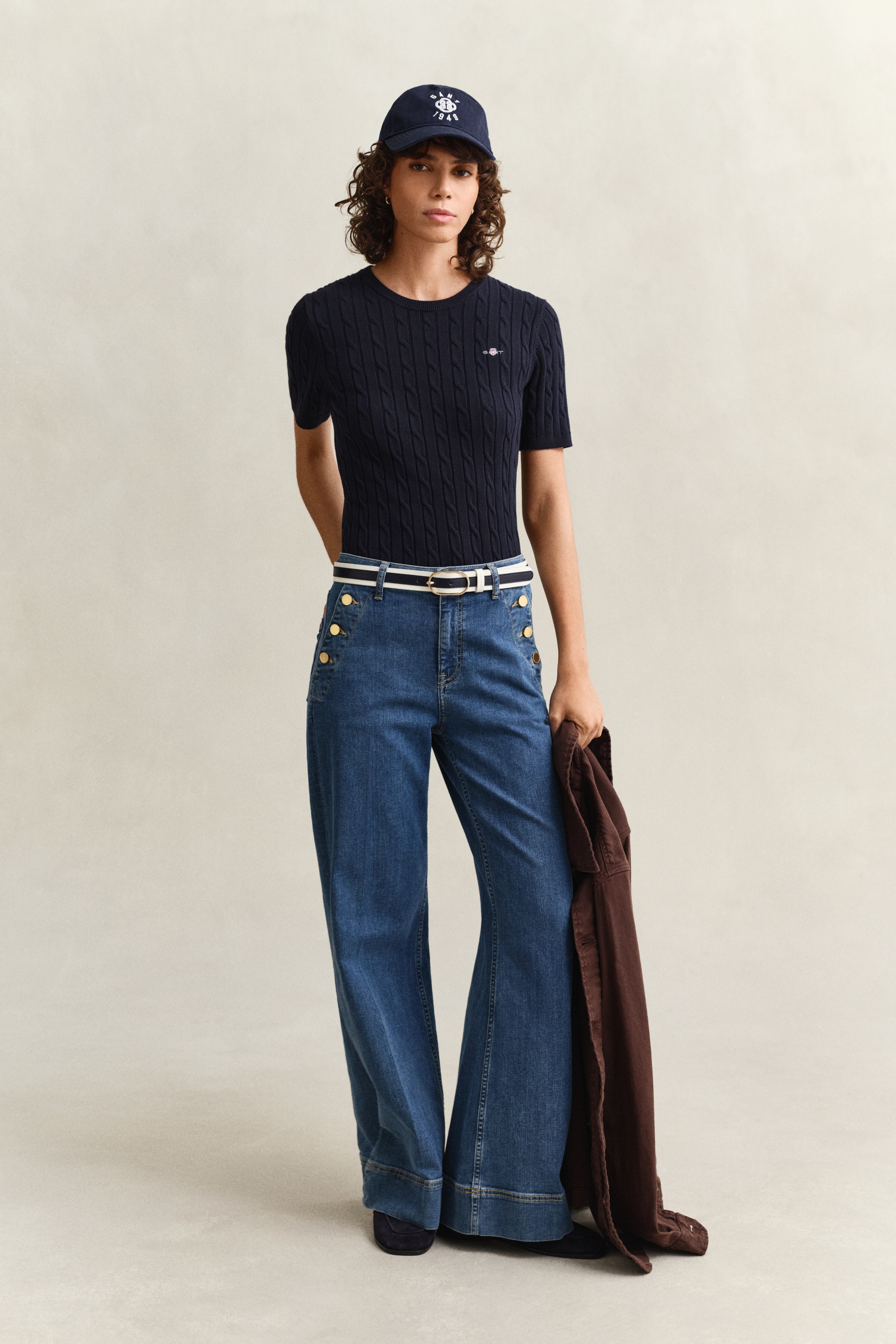 Gant Kurzarmpullover »STRETCH COTTON CABLE« Slim fit mit Rundhalsausschnitt