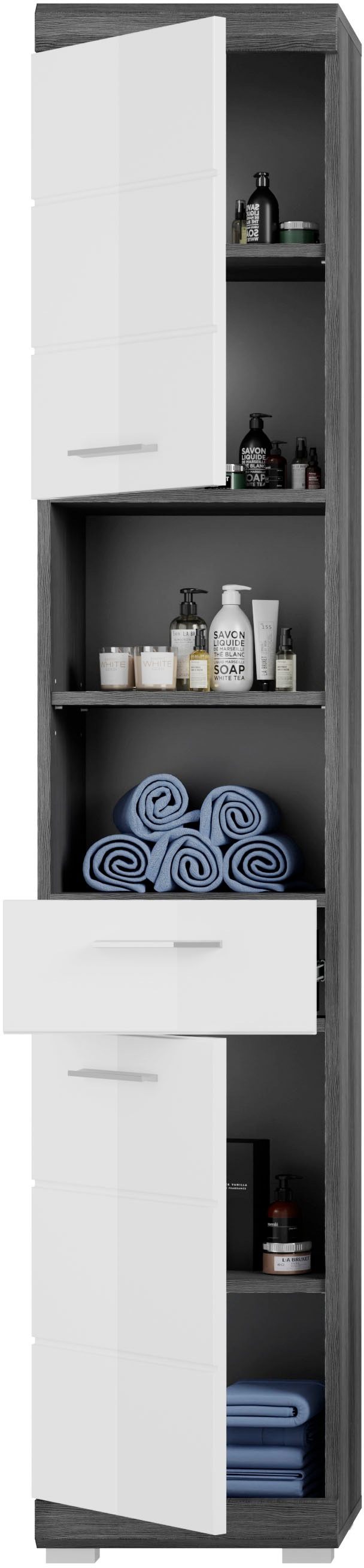 INOSIGN Hochschrank »Siena, Breite 37cm, 2 Tür, 1 Schubkasten, 2 offene Fächer, MDF-Front«, (1 St.), in verschiedenen Farben erhältlich, Badmöbel, Badschrank, Schrank, Bad