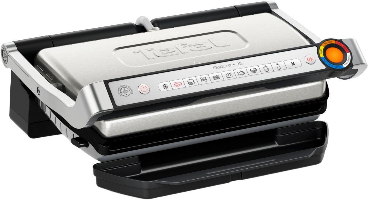 Tefal Kontaktgrill "OptiGrill + XL, erneuerte Kochstufenanzeige, 9 automatische Programme", silber (gebürsteter edelstahl)