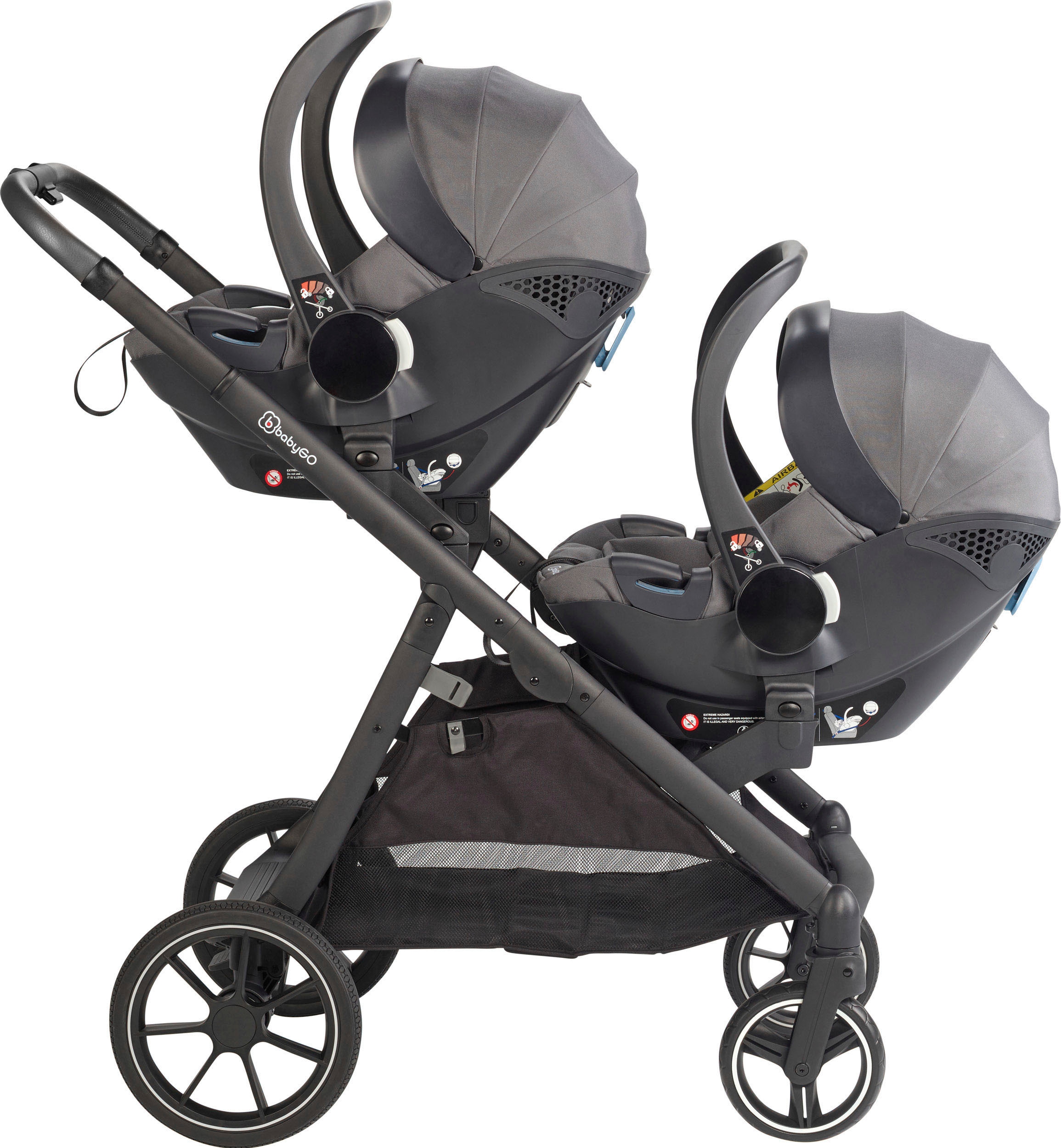 BabyGo Zwillings-Kombikinderwagen »Duo Ultra Set, grau«, inkl. 2 Babyschalen, 2 Isofix Base, Wickeltasche u. 2 Regenhauben