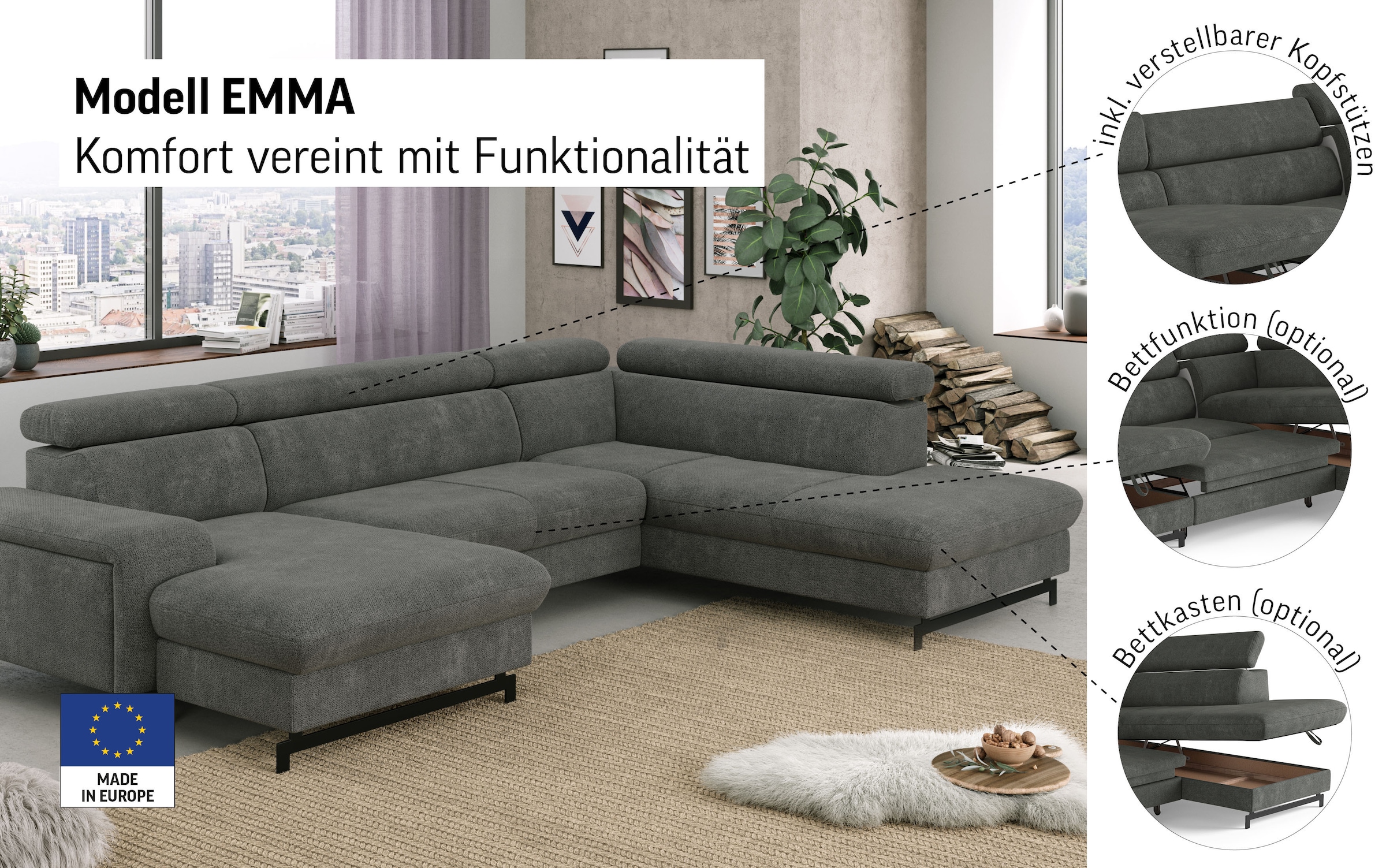 COTTA Wohnlandschaft »Emma U-Form«, mit Kopfteilverstellung, wahlweise mit Bettfunktion & Bettkasten