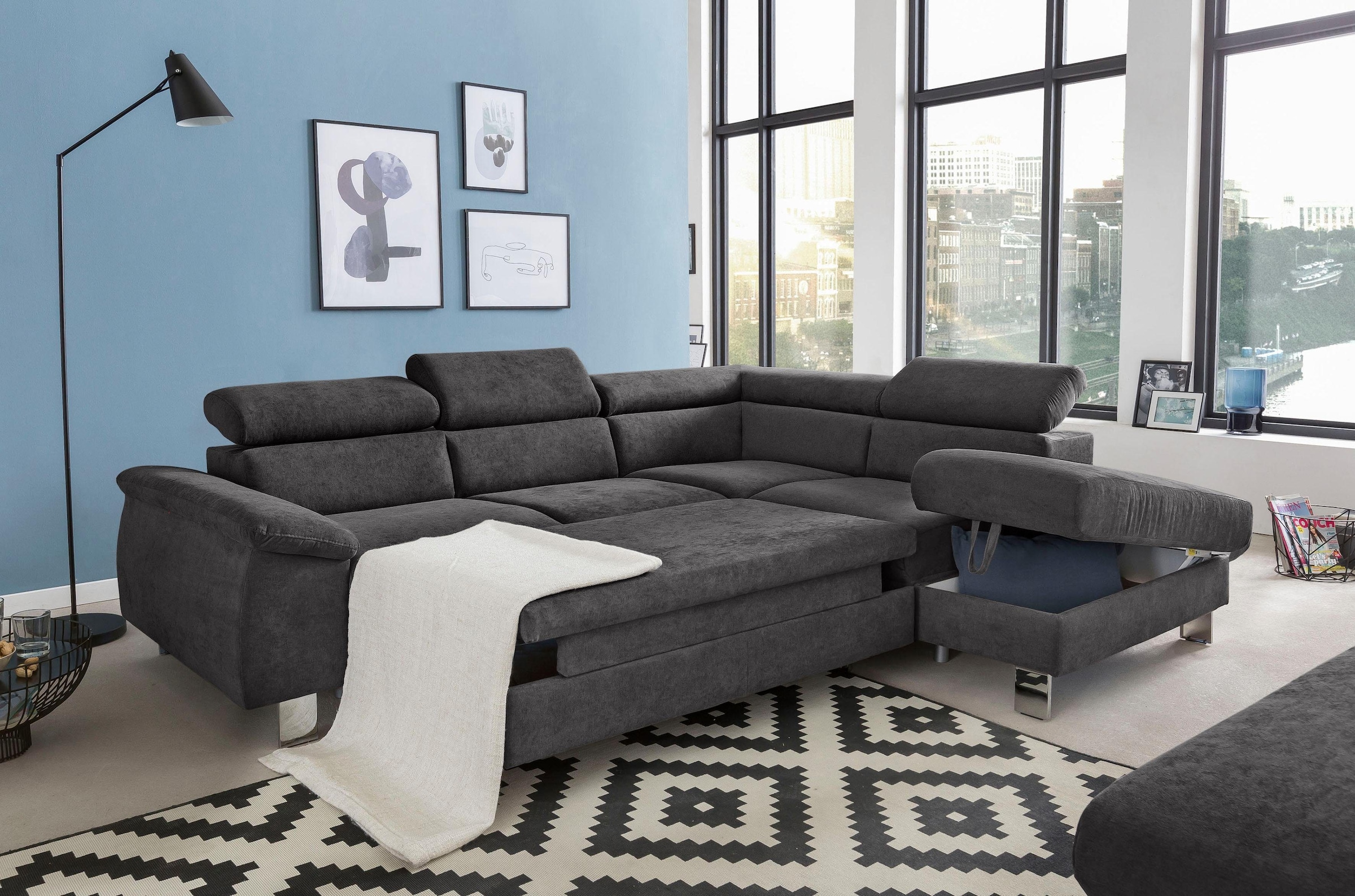 COTTA Ecksofa »Komaris L-Form mit Kopfteilverstellung«, wahlweise mit Bettfunktion, Bettkasten & Beleuchtung