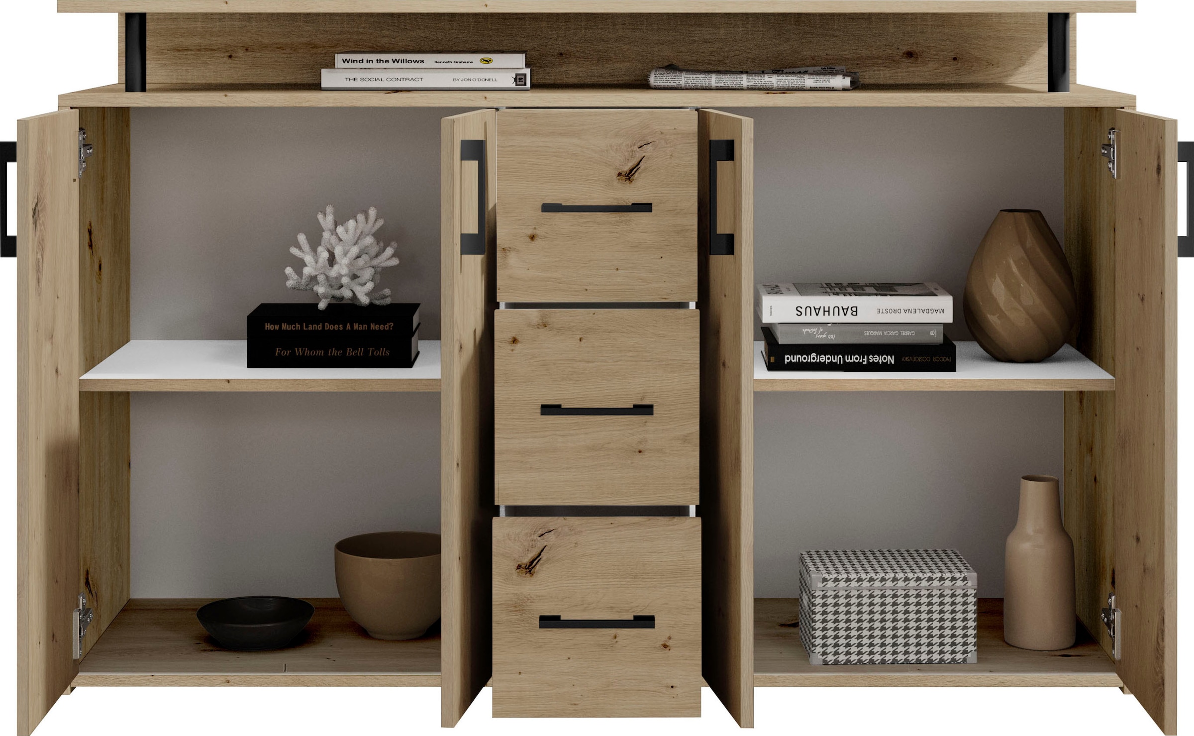 HBZ Sideboard »Drivno Sideboard, B/H/T 139x90x34 cm« 1 Stk. tlg. Breite 139cm, Kugelauszug, Einlegeböden verstellbar, 3 Schubkästen