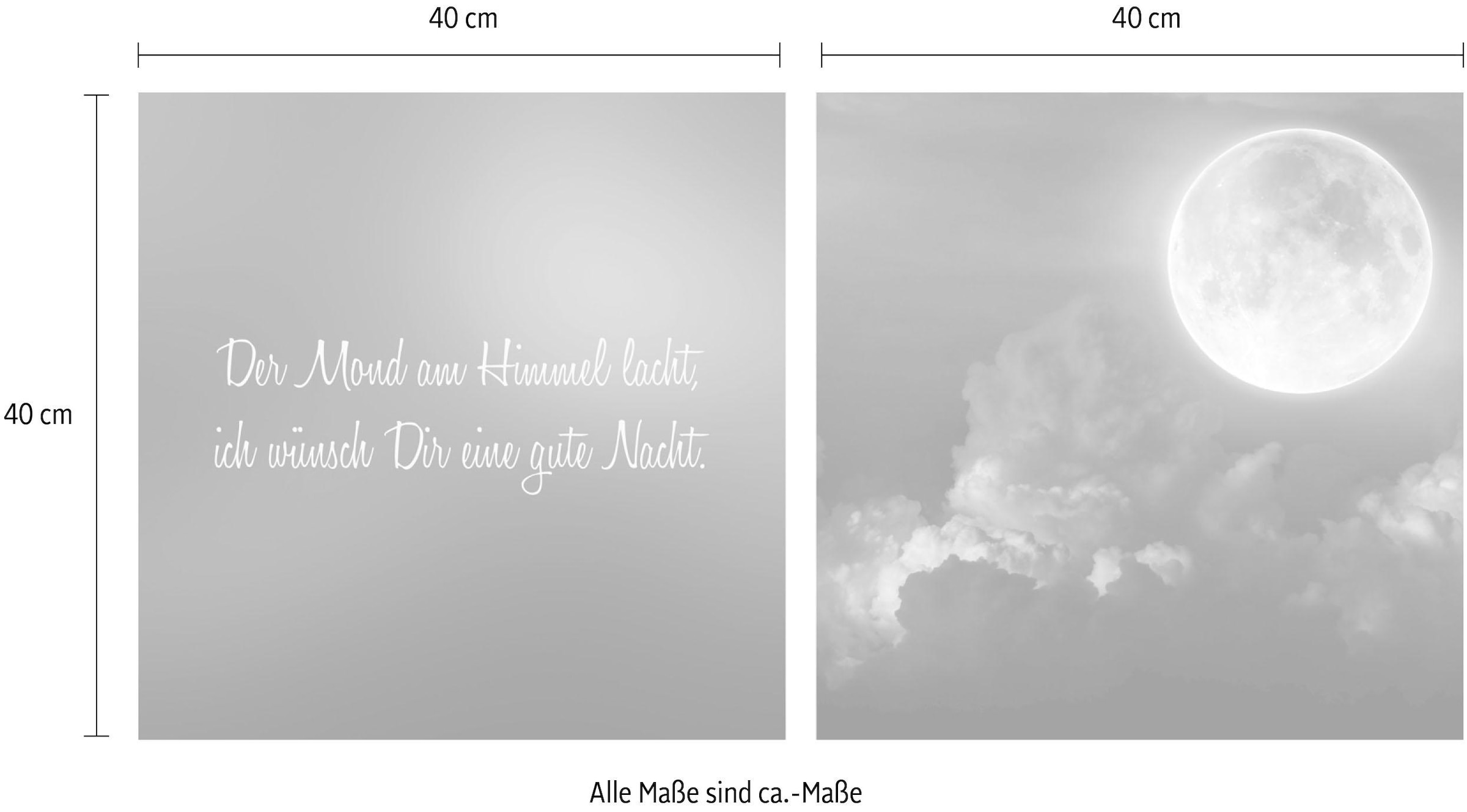 queence Leinwandbild »Mond«, Himmel-Himmelsbilder-Kunst-Modern-Spa-Spa Bilder-Sprüche-Sprüche & Texte-Schriftzug-Schriftzüge-Wolken, (Set), Premium-Leinwandstoff, Handarbeit aus Deutschland, Spruch, 2er Set