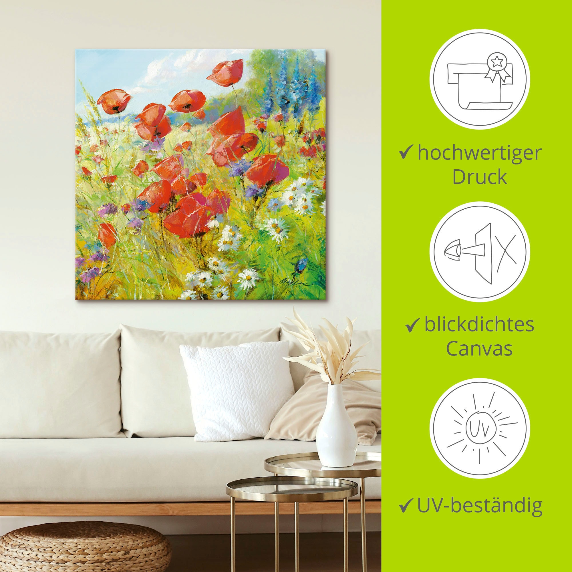 Artland Wandbild »Sommerwiese mit Mohnblumen« Blumenwiese 1 Stk. tlg. als Alubild, Outdoorbild, Leinwandbild, Poster in verschied. Größen