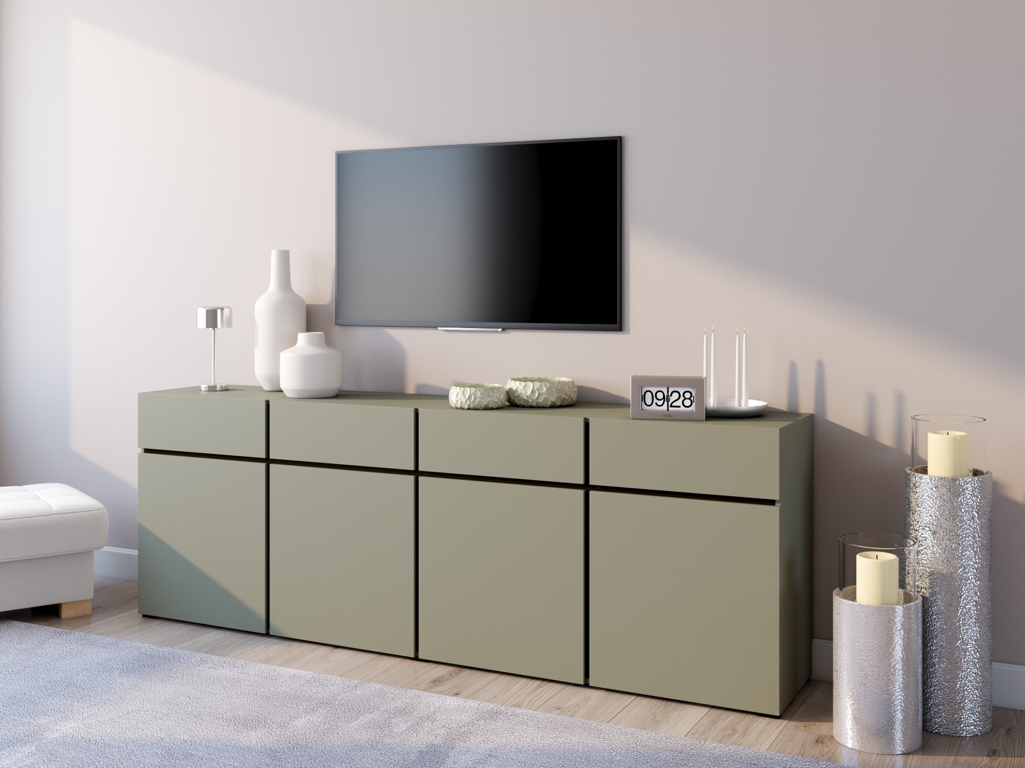 OTTO home Sideboard »Cross,Breite 225 cm, moderne grifflose Kommode,4 Türen/4 Schubkästen« Schubladenschrank mit viel Stauraum, Einlegeböden verstellbar