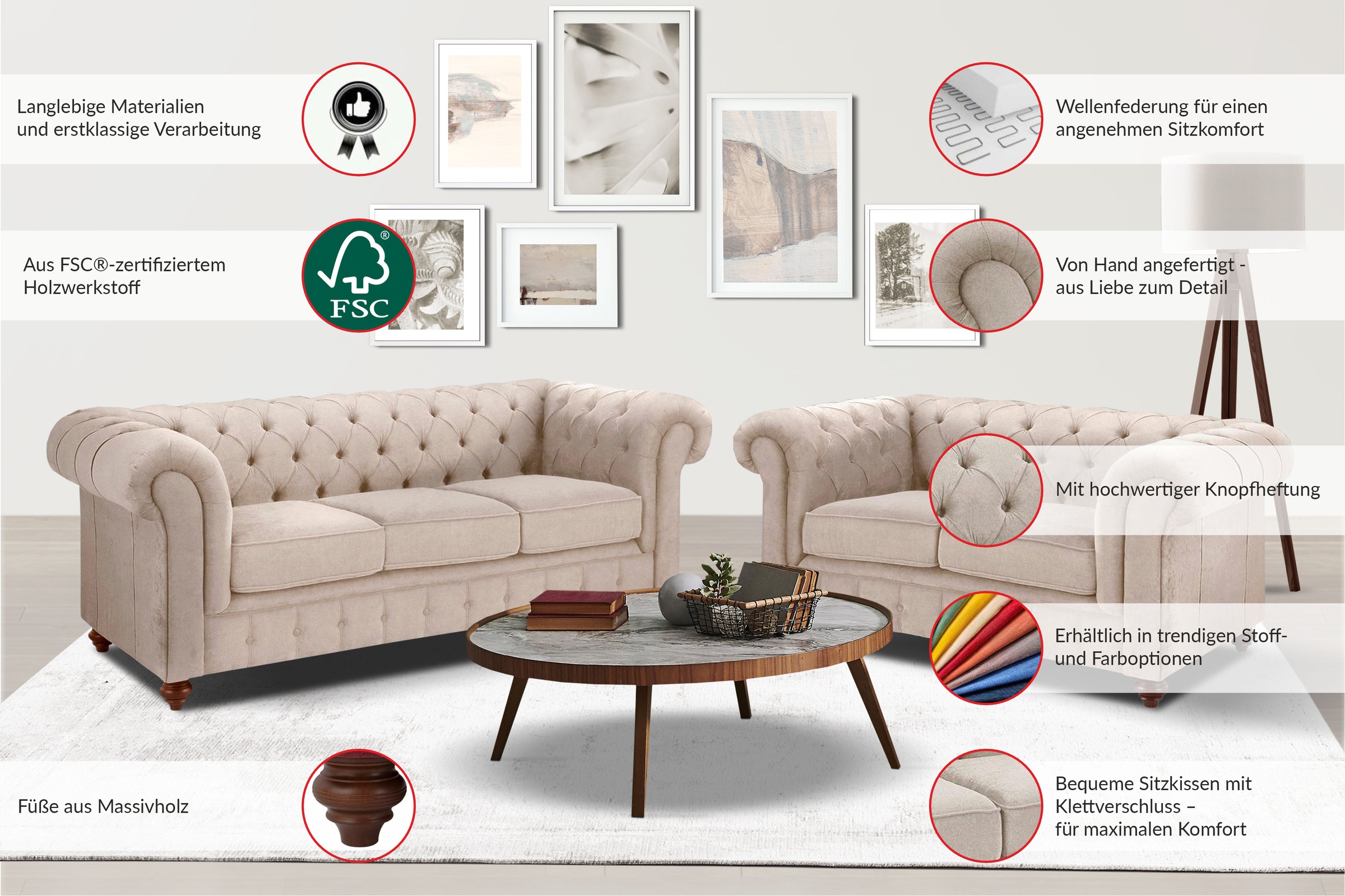 Home affaire Chesterfield-Sofa »Chesterfield 3-Sitzer B/T/H: 198/89/74 cm«, günstig online kaufen