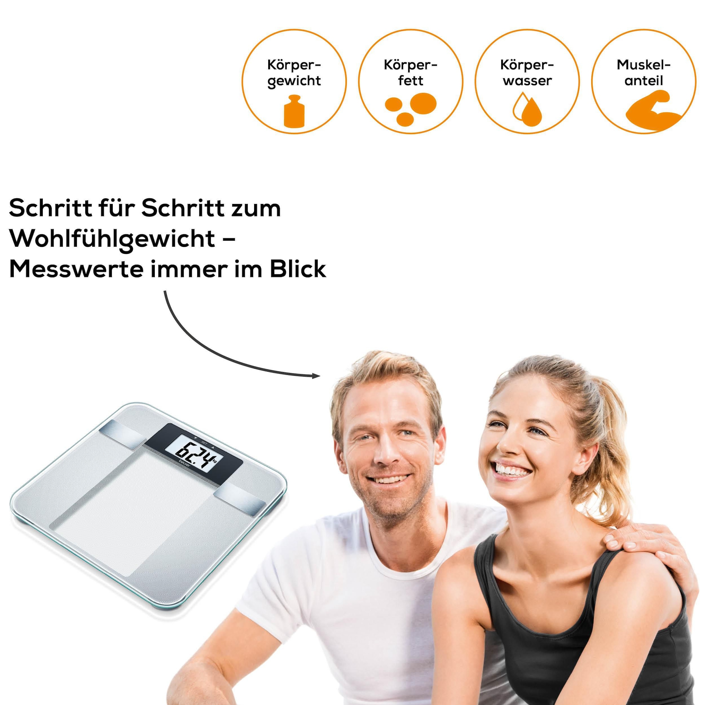BEURER Körper-Analyse-Waage »BG 13 zur Messung von Gewicht, Körperfett, Körperwasser, Muskelanteil« Trittfläche aus Sicherheitsglas, Tragkraft bis 150 kg