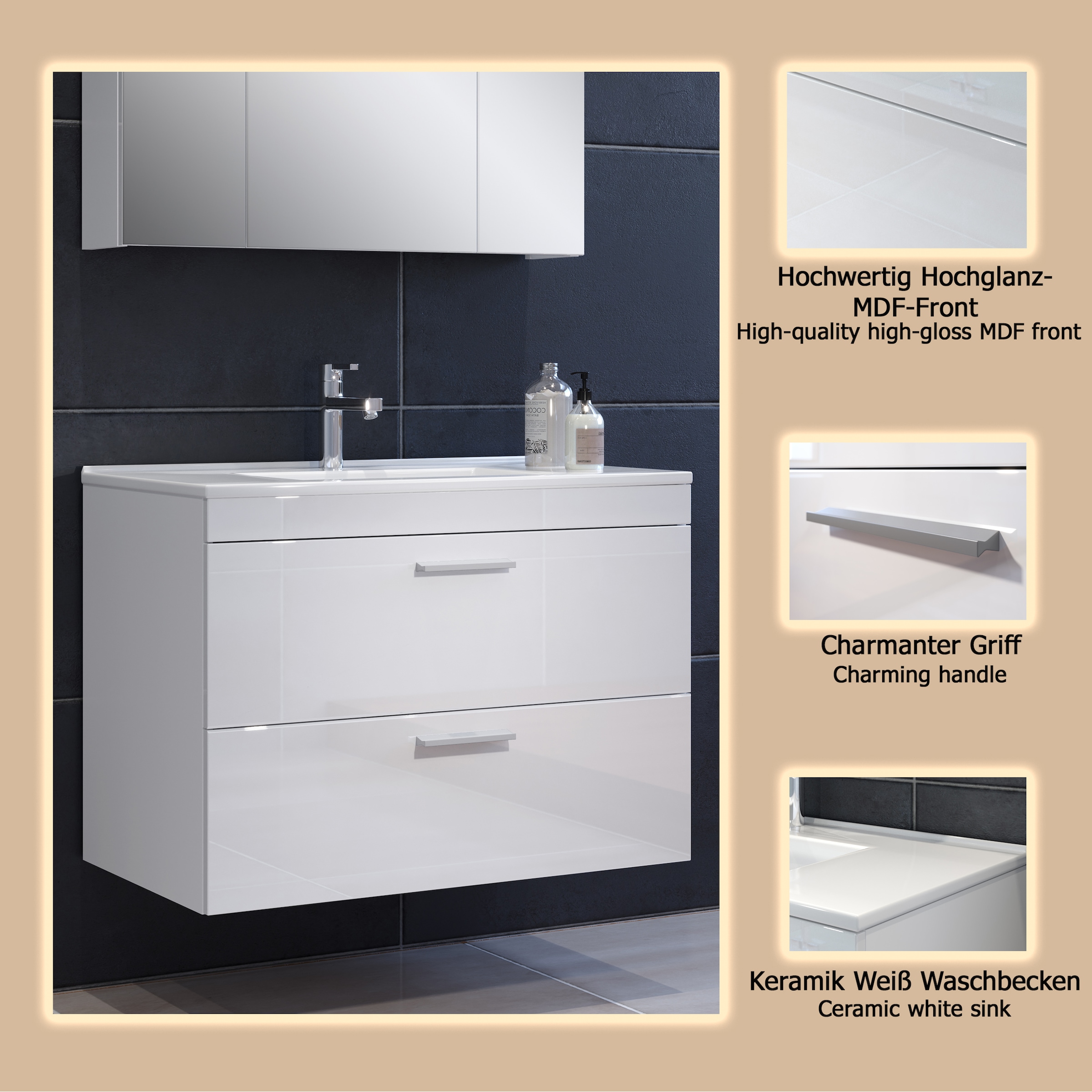 welltime Waschbeckenunterschrank »Dormoletto«, Hänge-Waschbeckenunterschrank m. Becken - (B/T/H) 81/47/59 cm