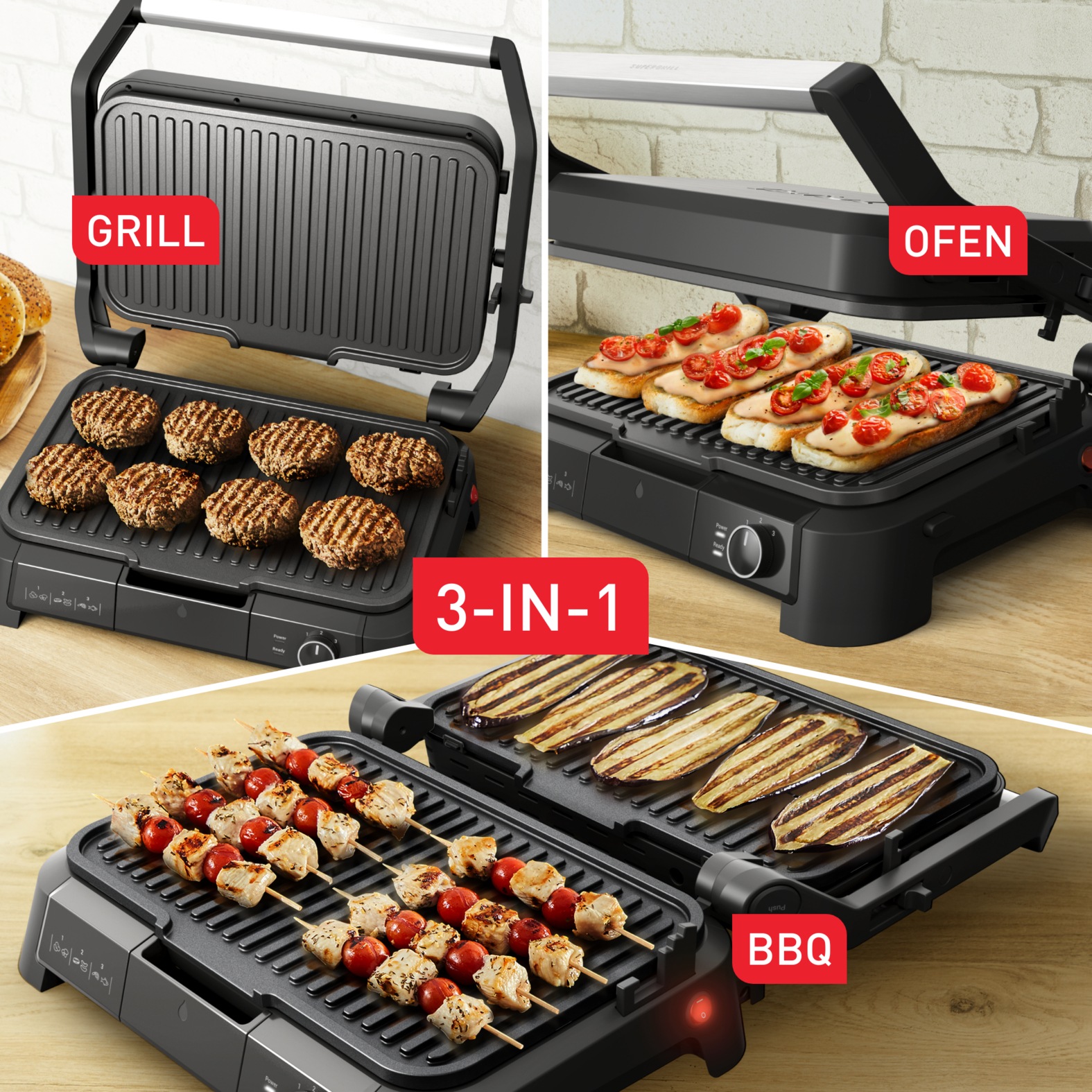 Tefal Kontaktgrill »SuperGrill 3in1 XL, Grill, Barbeque-, Ofenposition, 3 Temperaturen«, 2200 W, spülmaschinengeeignete Platten, Grillen für bis zu 8 Personen, GC520D