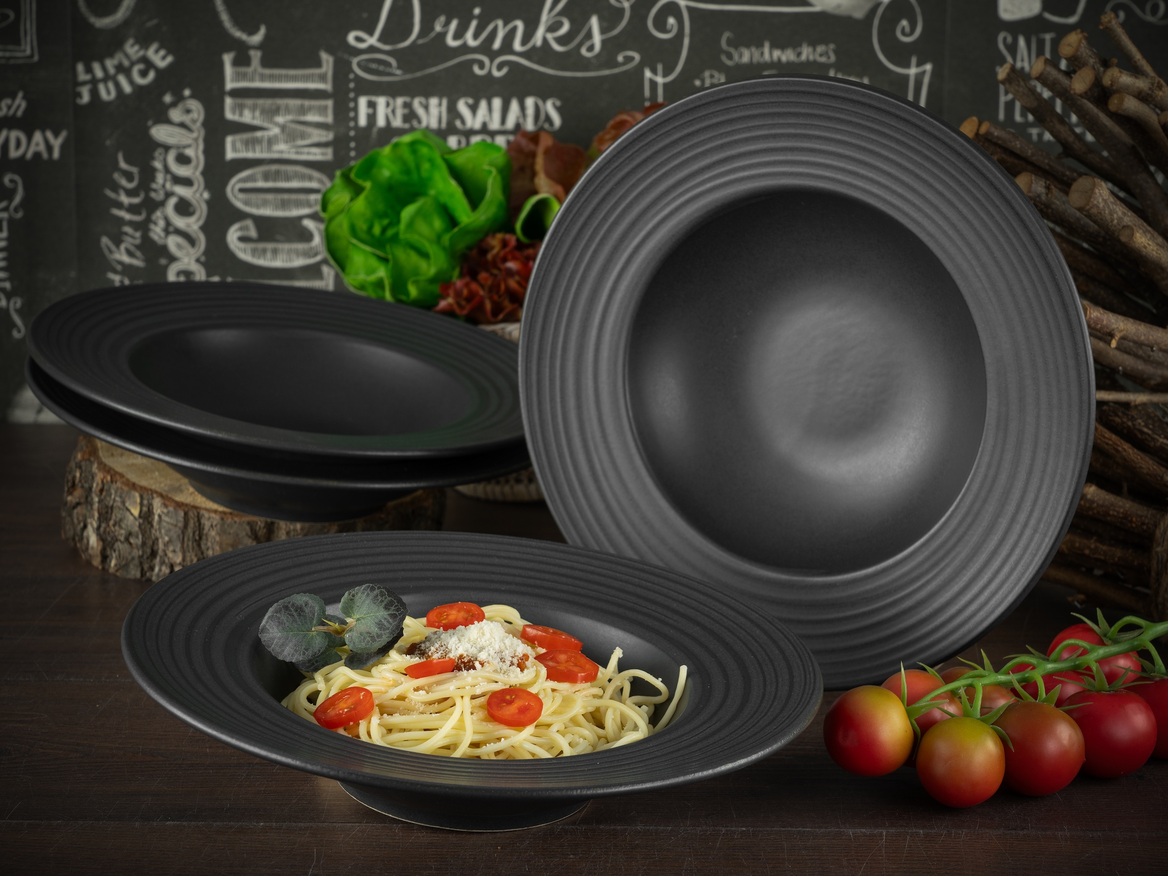 CreaTable Pastateller »Lava Stone Black, Pasta Gourmetteller Set 4-tlg«, (Set, 4 St.), Seidenmatte Glasur