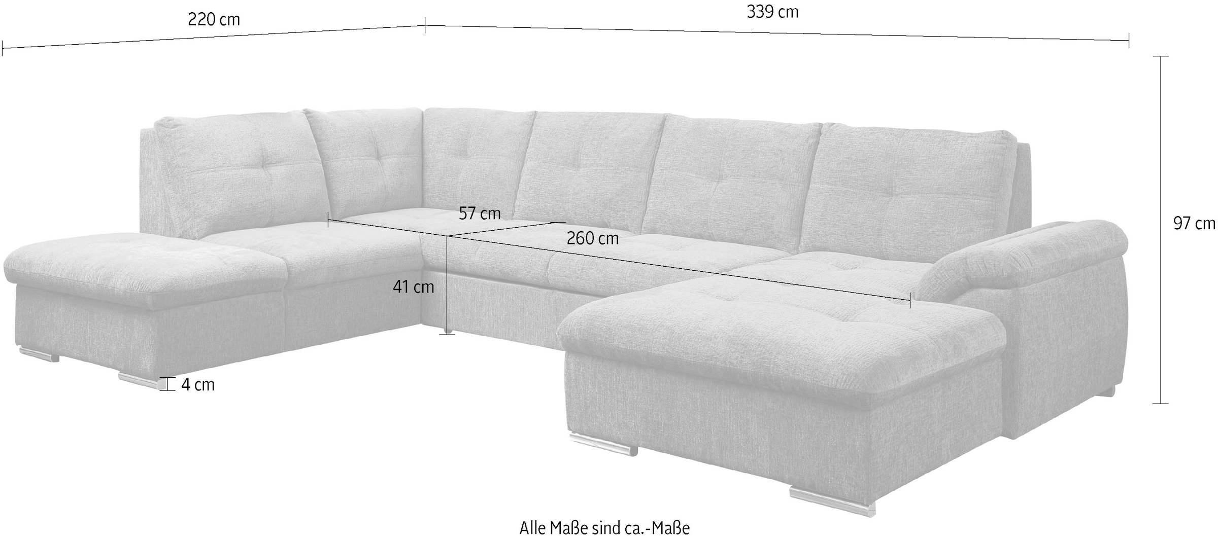 WERK2 Wohnlandschaft »Arena, B/T: 339/220 cm breit, moderner, einladender Sitzkomfort« mit Schlaffunktion und Bettkasten, U-Form