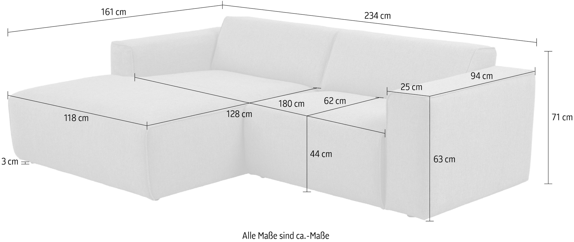 andas Ecksofa »Noord mit Kedernaht, Breite 234 cm«, Cord, Struktur, Webstoff, mit Wellenunterfederung, Massivholzrahmen