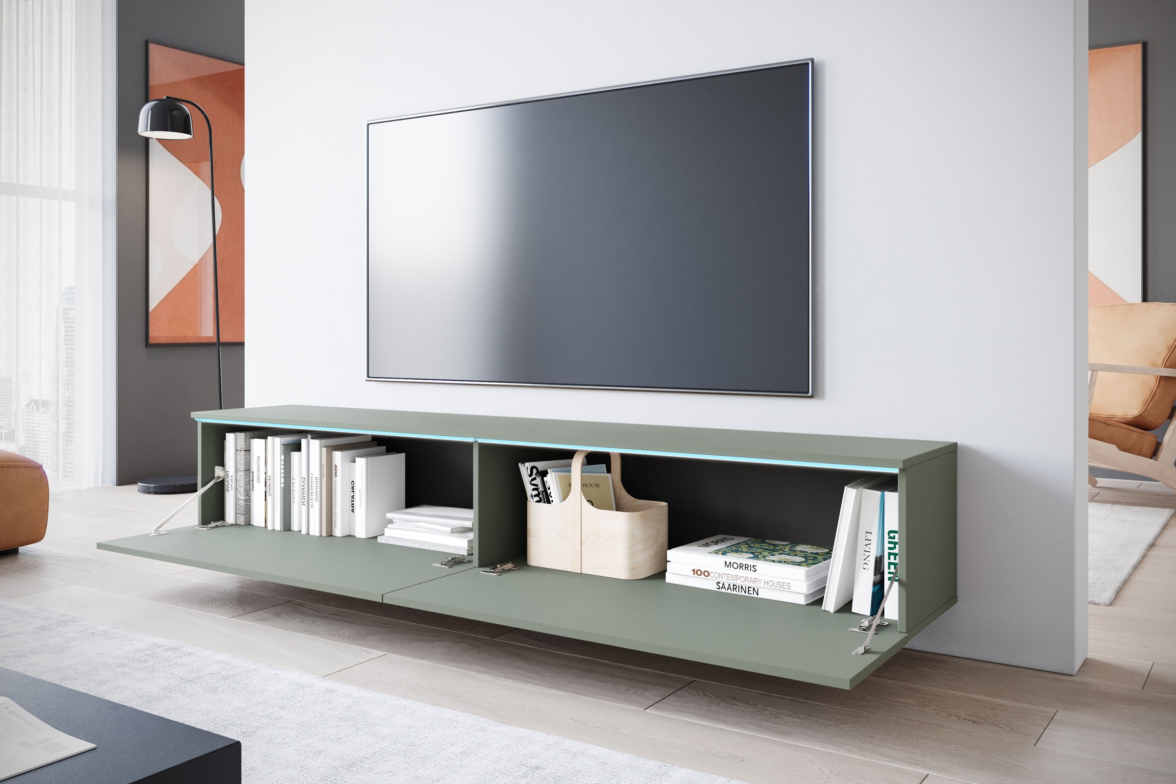 INOSIGN Lowboard »LOWBOARD VERA, wahlweise mit oder ohne Beleuchtung«, Modernes griffloses TV-Board, 180 cm TV-Schrank, stehend und hängend