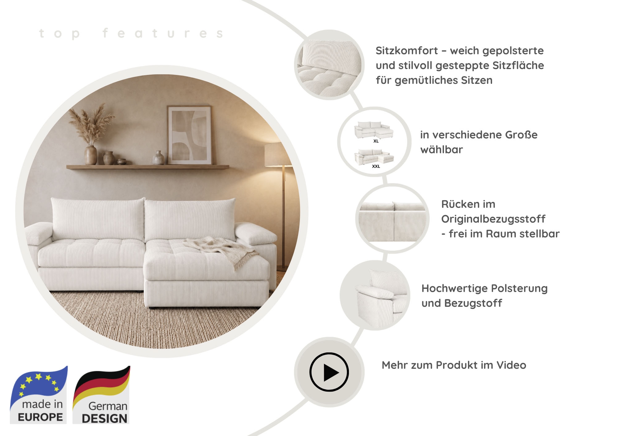OTTO home Ecksofa »Soft&Cosy Pik XL, L-Form, B: 246 cm, Mega Sofa in Cord« Lounge-Komfort mit edler Sitzsteppung, Federkern