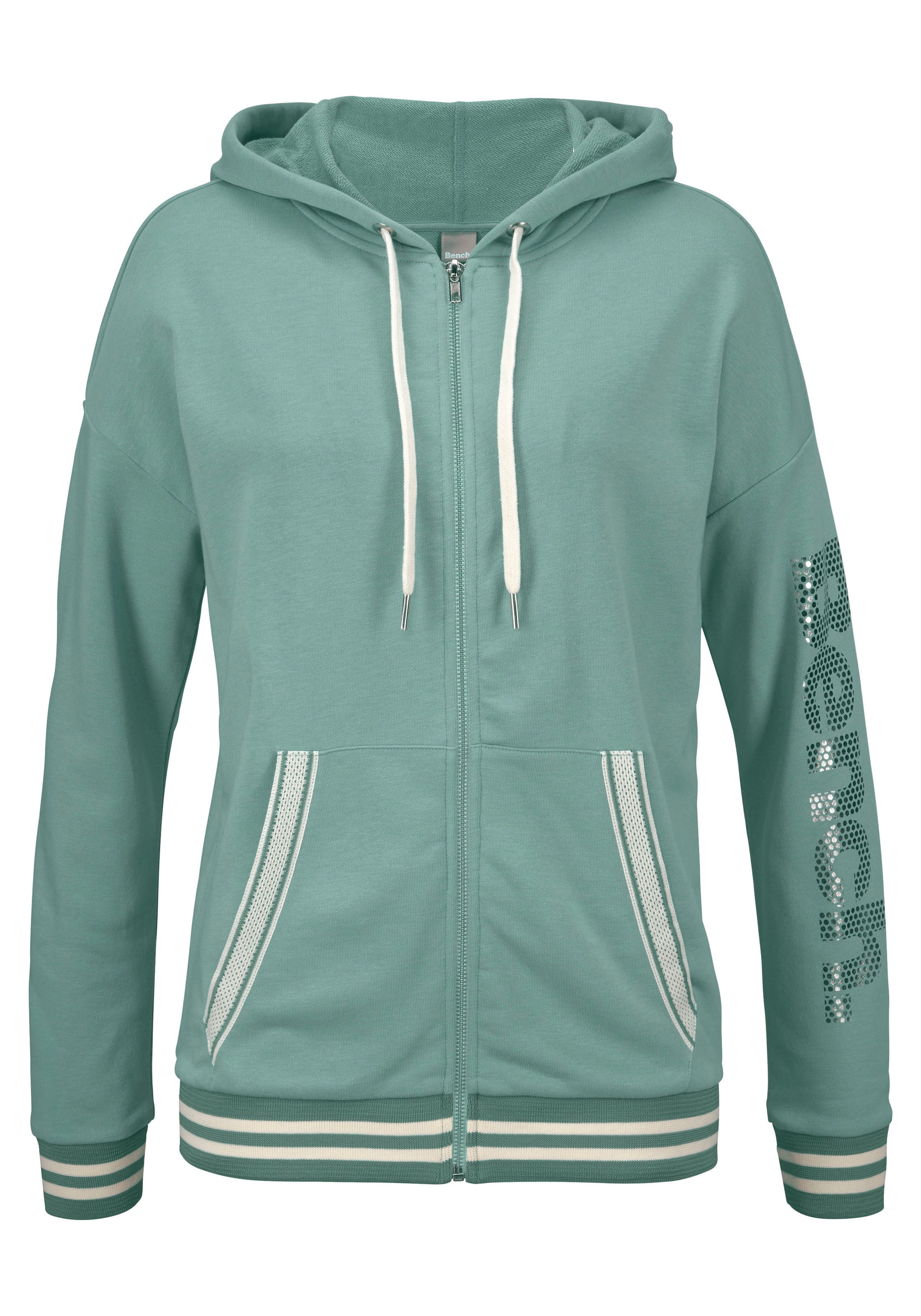 Bench. Kapuzensweatjacke, mit gestreiften Bündchen und Glanzprint, Loungewear, Loungeanzug