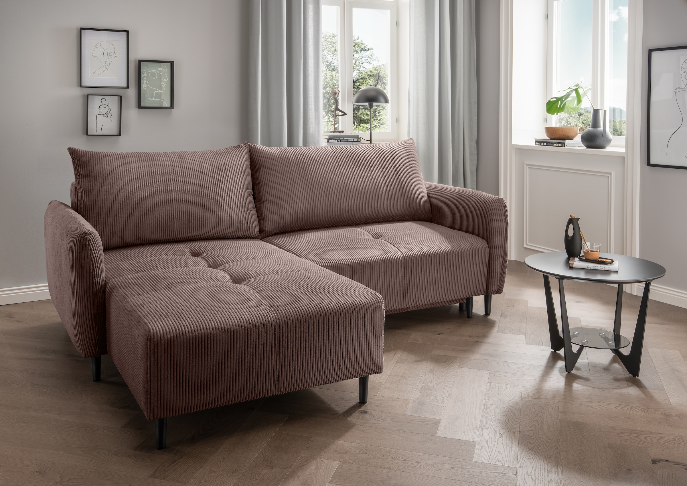 INOSIGN Ecksofa »Mara, L-Form, aktueller Cord Bezug und tolle Farben, schmale Armlehnen«, whlw. mit Bettfunktion,Recamiere links/rechts montierbar, Breite 238cm