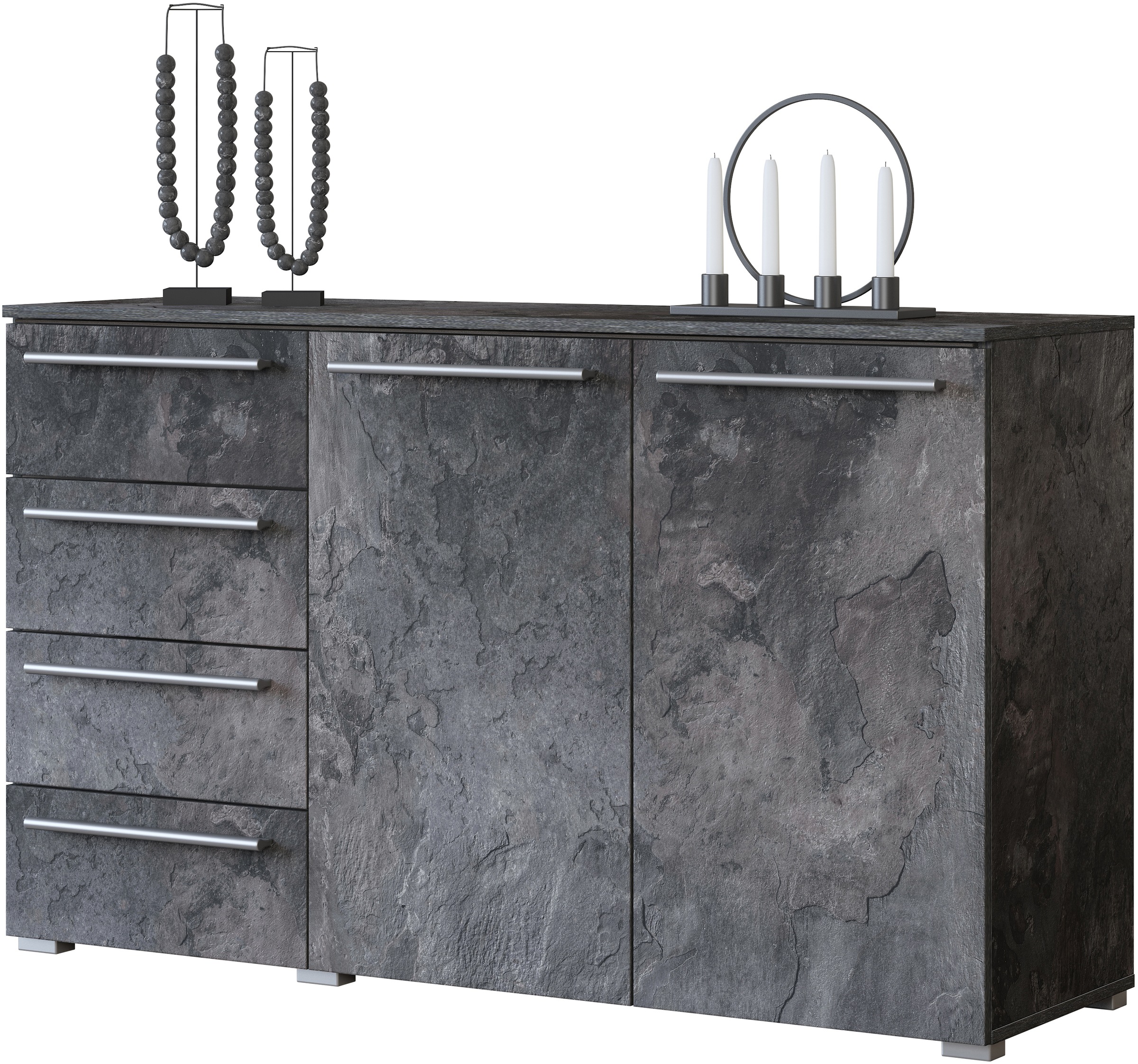 INOSIGN Sideboard »India, aus FSC-zertifiziertem Holzwerkstoff, Made in Europe«, (135x81x41 (BxHxT), Schieferoptik oder weiß mit Hochglanzfronten), Schubladenschrank inklusive Beleuchtung mit Fernbedienung
