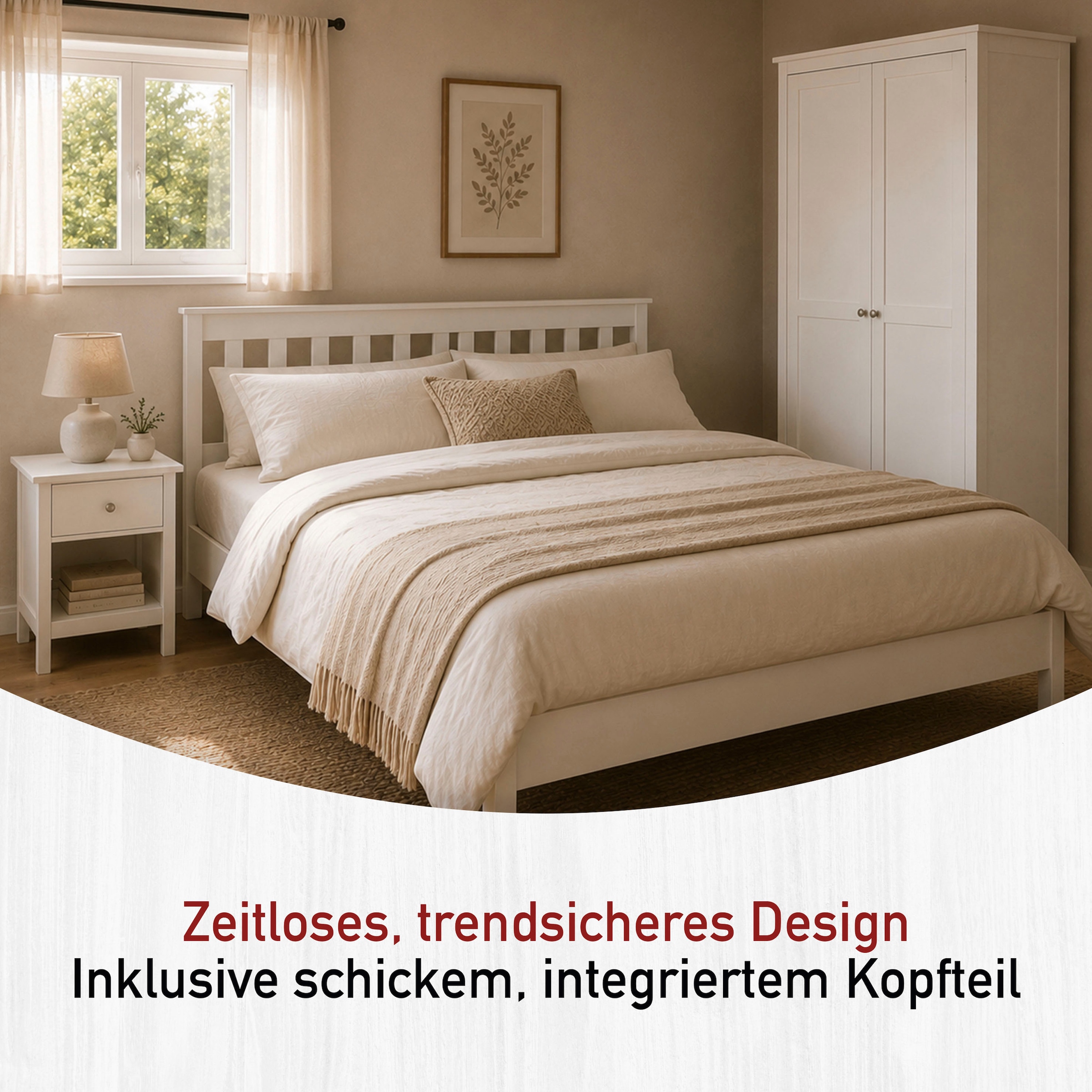 Inter Link Massivholzbett »Pinora, 180x200 cm, Kiefer Massivholz, Weiss lackiert« Modernes Bettkopfteil mit vertikalen Streben im Skandi Design