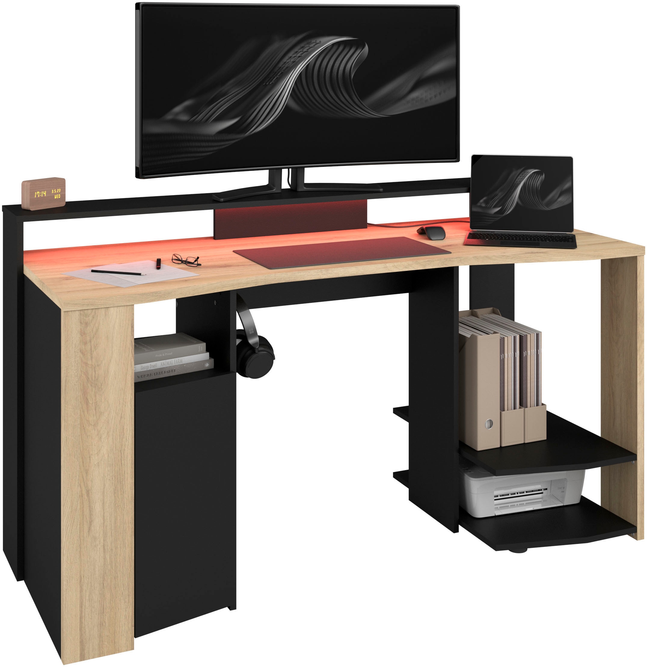 Gamingtisch PARISOT "Meta 1", schwarz (eiche nachbildung, eiche nachbildung, schwarz, eiche nachbildung), B:152cm H:88cm T:60cm, Tische, Gamingtisch