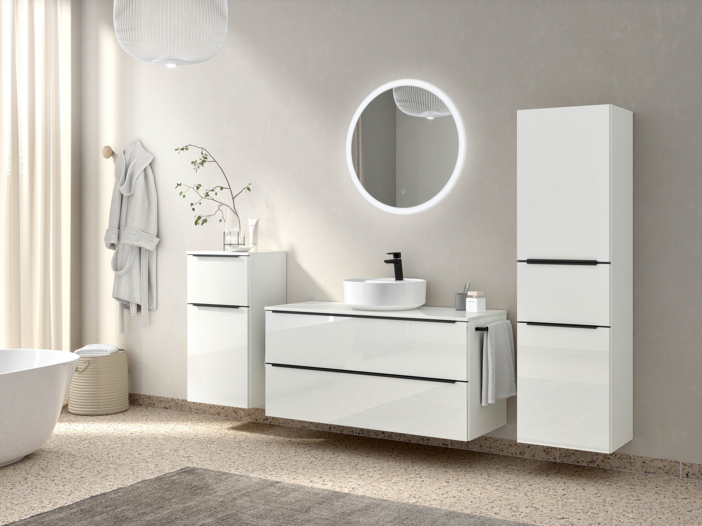 nobilia® Badmöbel-Set »Alvene«, (4 St., vormontiert, mit Soft-Close), Hochglanz, inkl. Spiegel mit Touch-Sensor, in vier Breiten