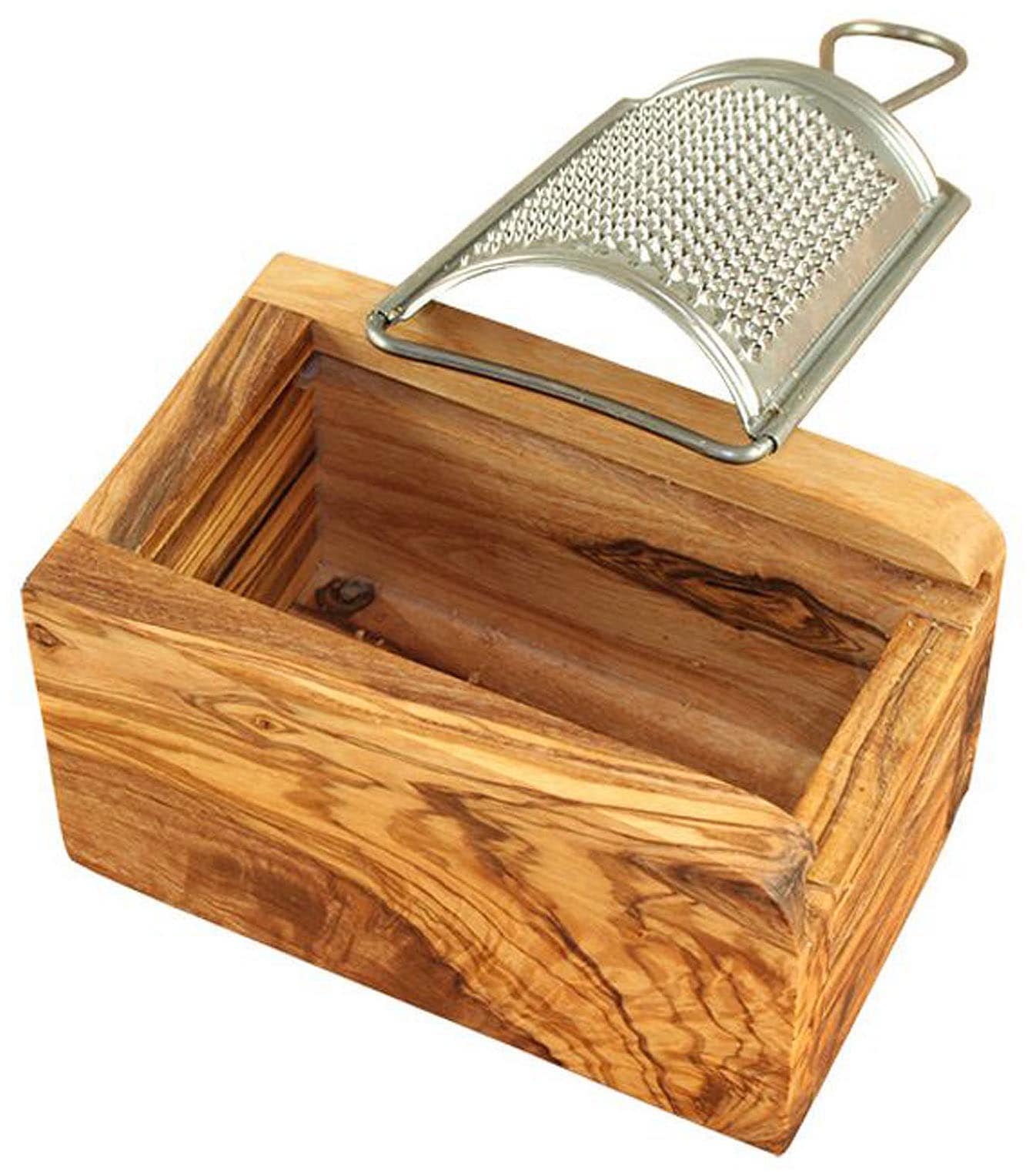 Olivenholz-erleben Käsereibe »für Hartkäse, aus Edelstahl mit Olivenholzbox«, (Set, 2 St., Metallreibe Edelstahl mit Auffangbox aus Olivenholz), Metallreibe aus Edelstahl, Auffangbox aus Olivenholz, auch für Muskat