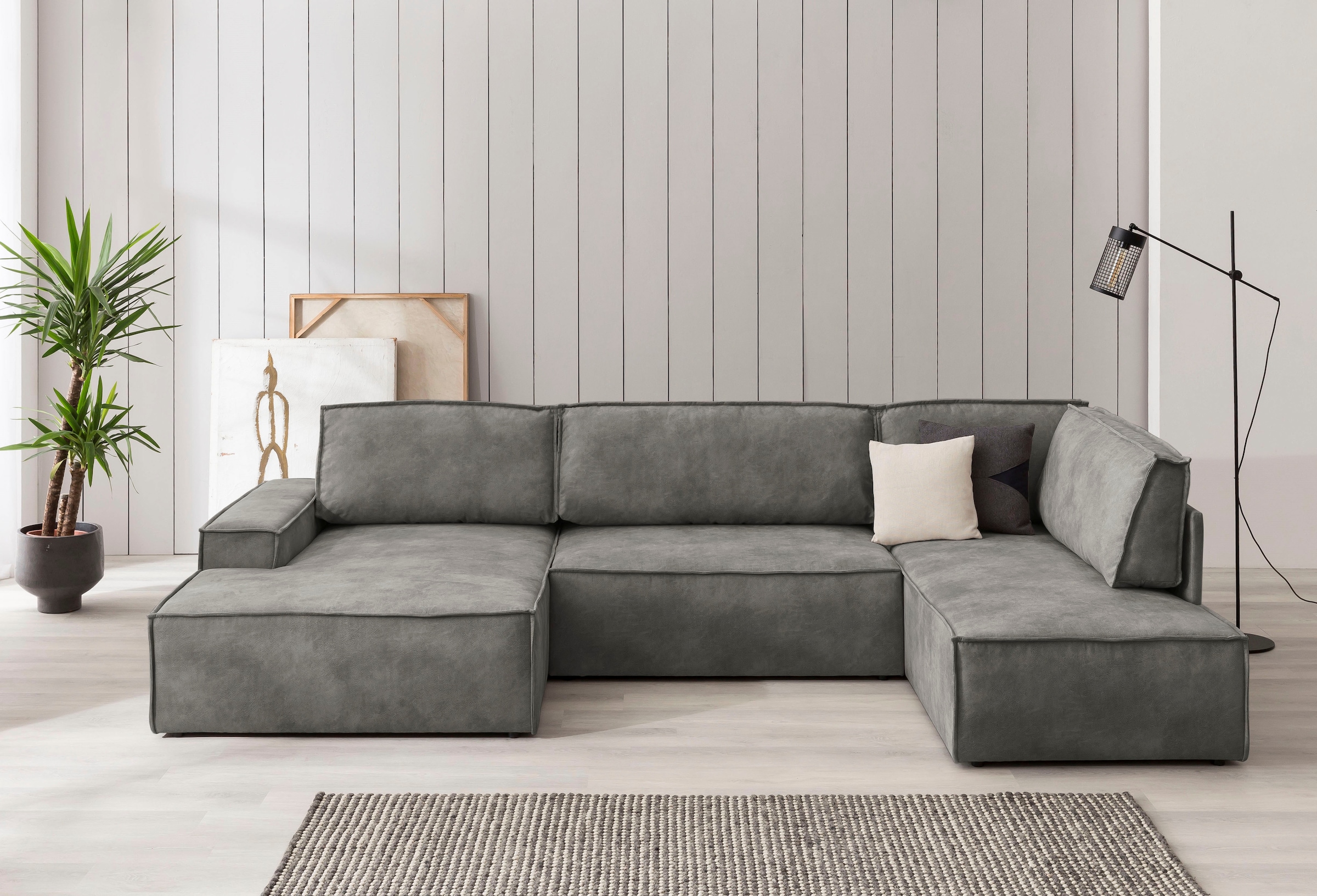 Home affaire Wohnlandschaft »SHERWOOD 329 cm, U-Form, Schlafsofa,«, Schlaffunktion m. Bettkasten (194x139 cm), Cord, Vintage, Samtvelours