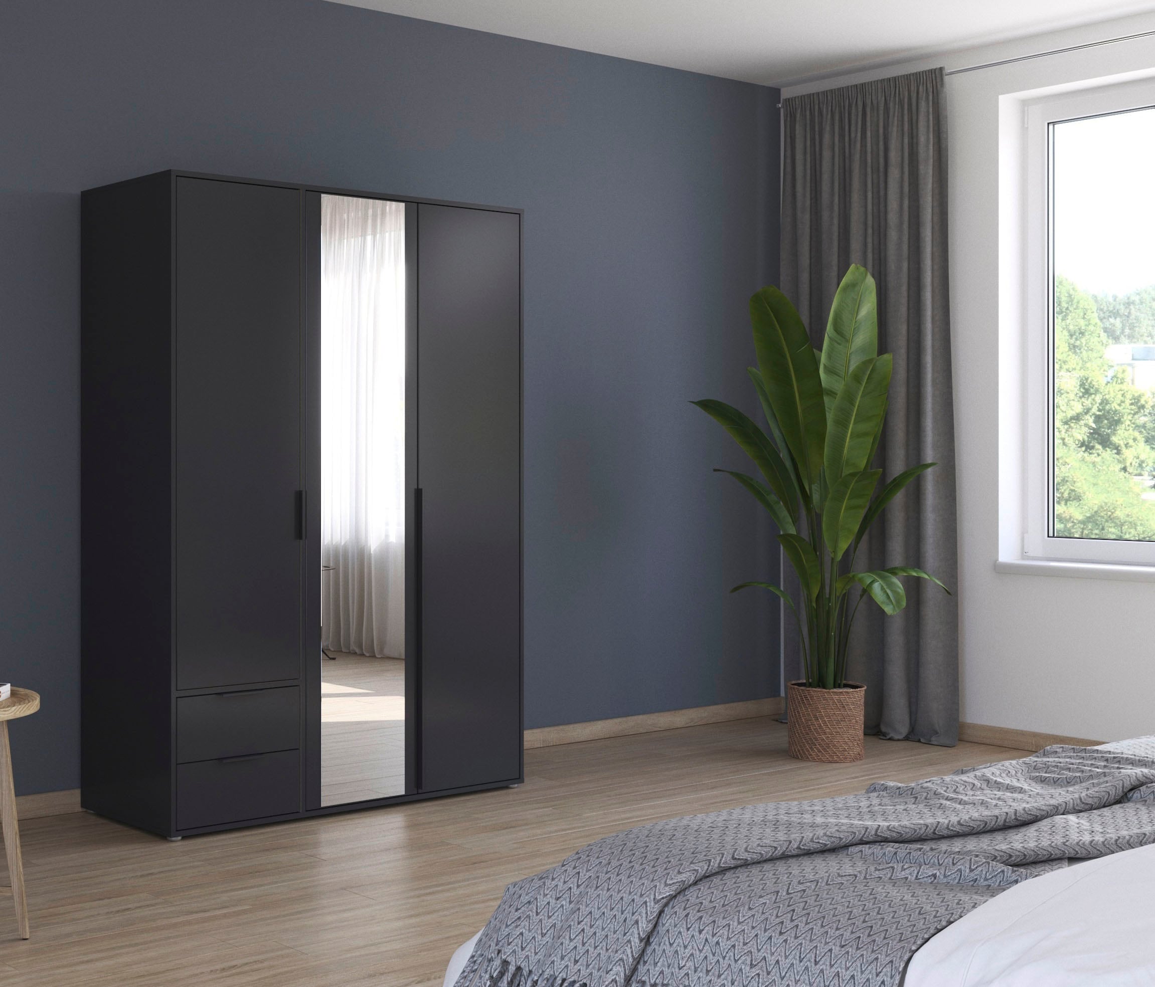 rauch Drehtürenschrank »Kleiderschrank Schrank Garderobe Wäscheschrank NAGATA mit Spiegel«, (in 3 verschiedenen Ausstattungen BASIC/CLASSIC/PREMIUM), und Schubladen sowie Stangengriffen TOPSELLER MADE IN GERMANY