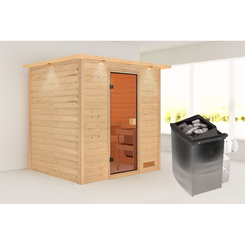 KARIBU Sauna »"Ricky" mit bronzierter Tür und Kranz, naturbelassen« aus hochwertiger nordischer Fichte. 9 kW Ofen und integr. Steuerung naturbelassen