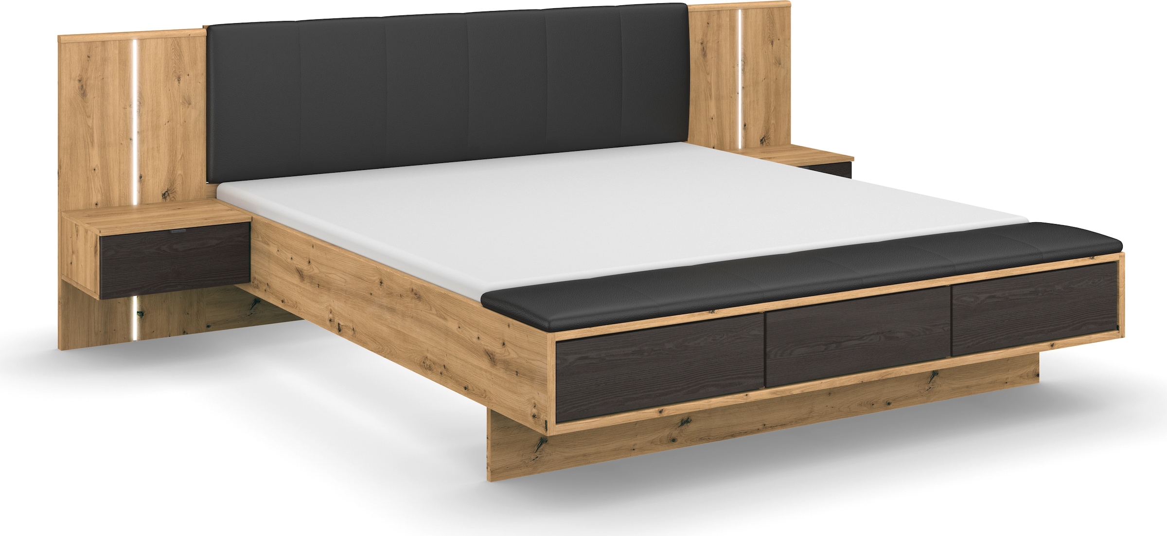 rauch Bettanlage »Bett Doppelbett Futonbett APOLLON«, (Set, 5 tlg., Bettbank mit 3 Schubladen Push-to-Open Funktion), 2 Hänge-Nachttische, Paneele mit Beleuchtung MADE IN GERMANY