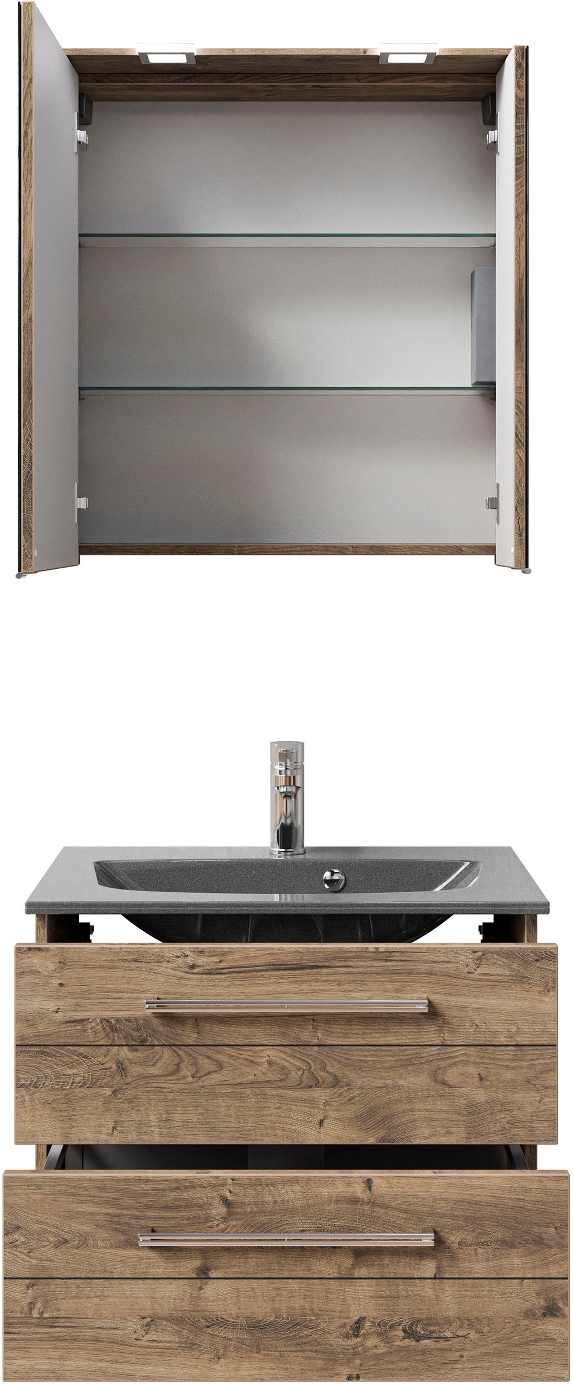 Saphir Badmöbel-Set »Serie 6025 2-teilig Mineralmarmor-Waschtisch mit LED-Spiegelschrank«, (2 St.), Waschplatz 67 cm breit, 2 Schubladen, 2 Spiegel-Türen, inkl Türdämpfer
