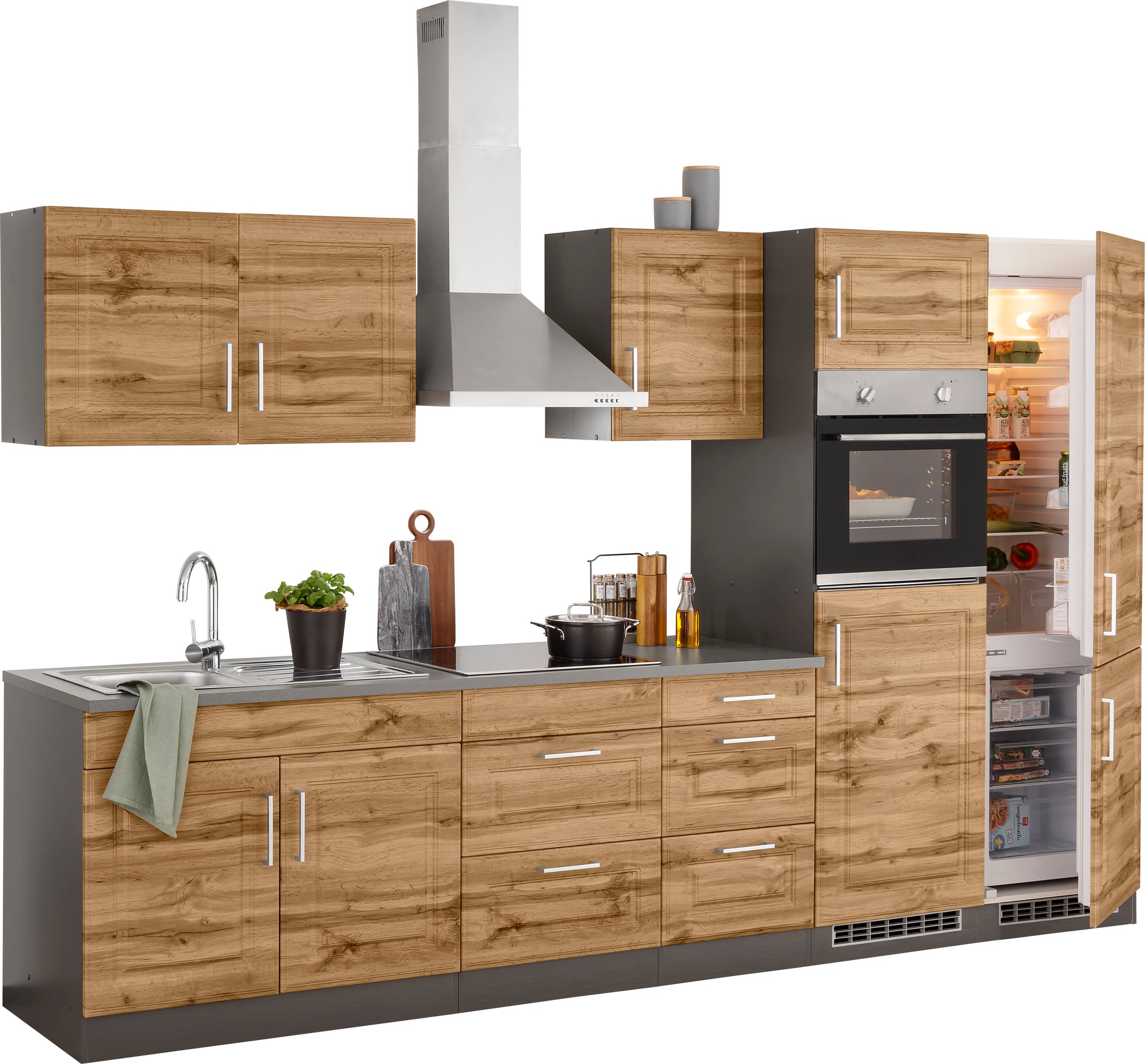 KOCHSTATION Küchenzeile »KS-Stockholm«, Breite 330 cm, mit hochwertigen MDF Fronten im Landhaus-Stil