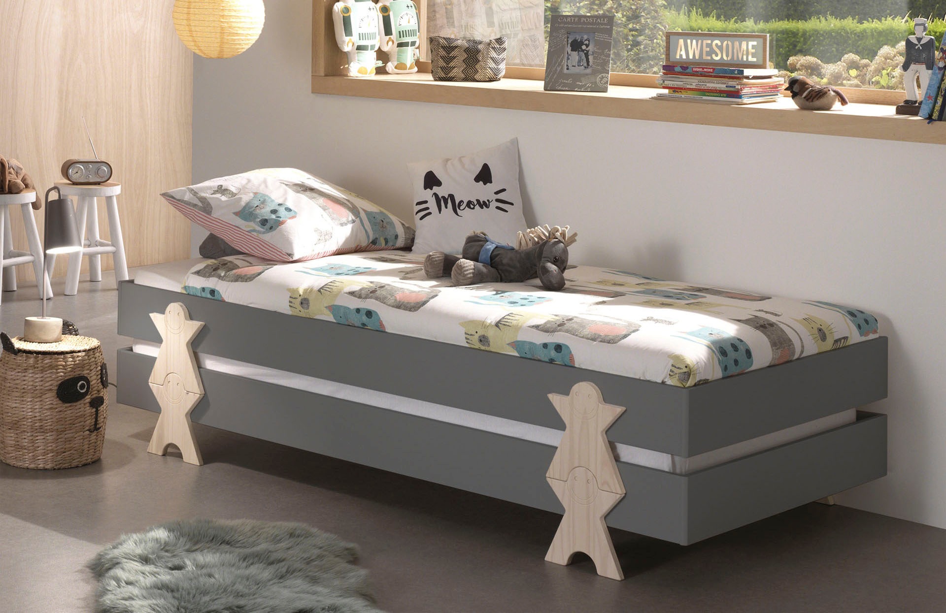 Vipack Kinderbett »Modulo, stapelbares Einzelbett, inkl. Rolllattenrost, 2 Farben«, (B/H/T ca. 203,6x93,8x48cm, Fuß Smile massiv, Bettseiten MDF lackiert), Liegefläche 90/200 cm, einzeln oder als 2-er Set erhältlich