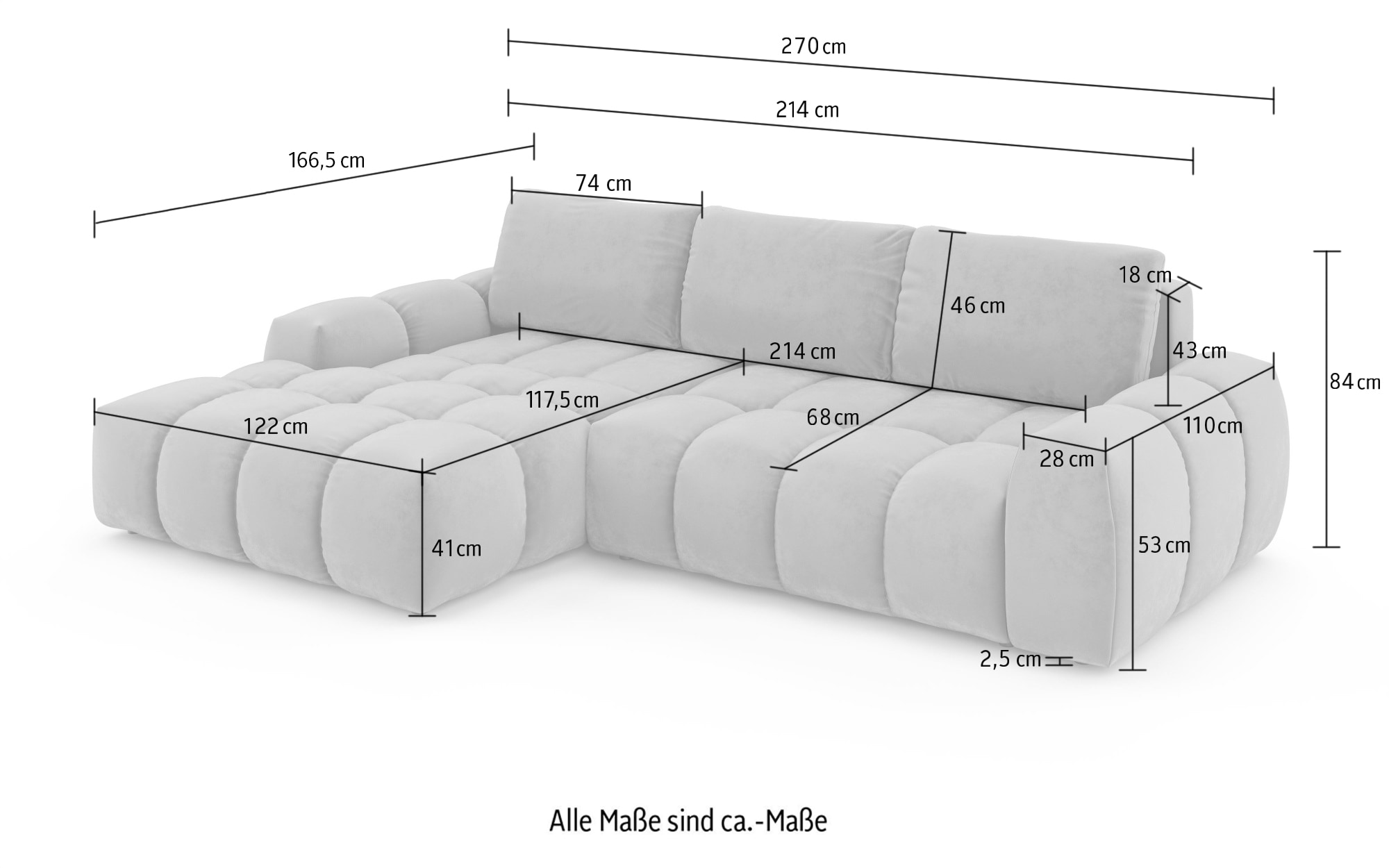 OTTO home Ecksofa »AZITA klein optionale Schlafsofa mit Bettkasten, B/T/H: 270/166,5/84cm« L-Form mit Wellenunterfederung, Bubble-Optik