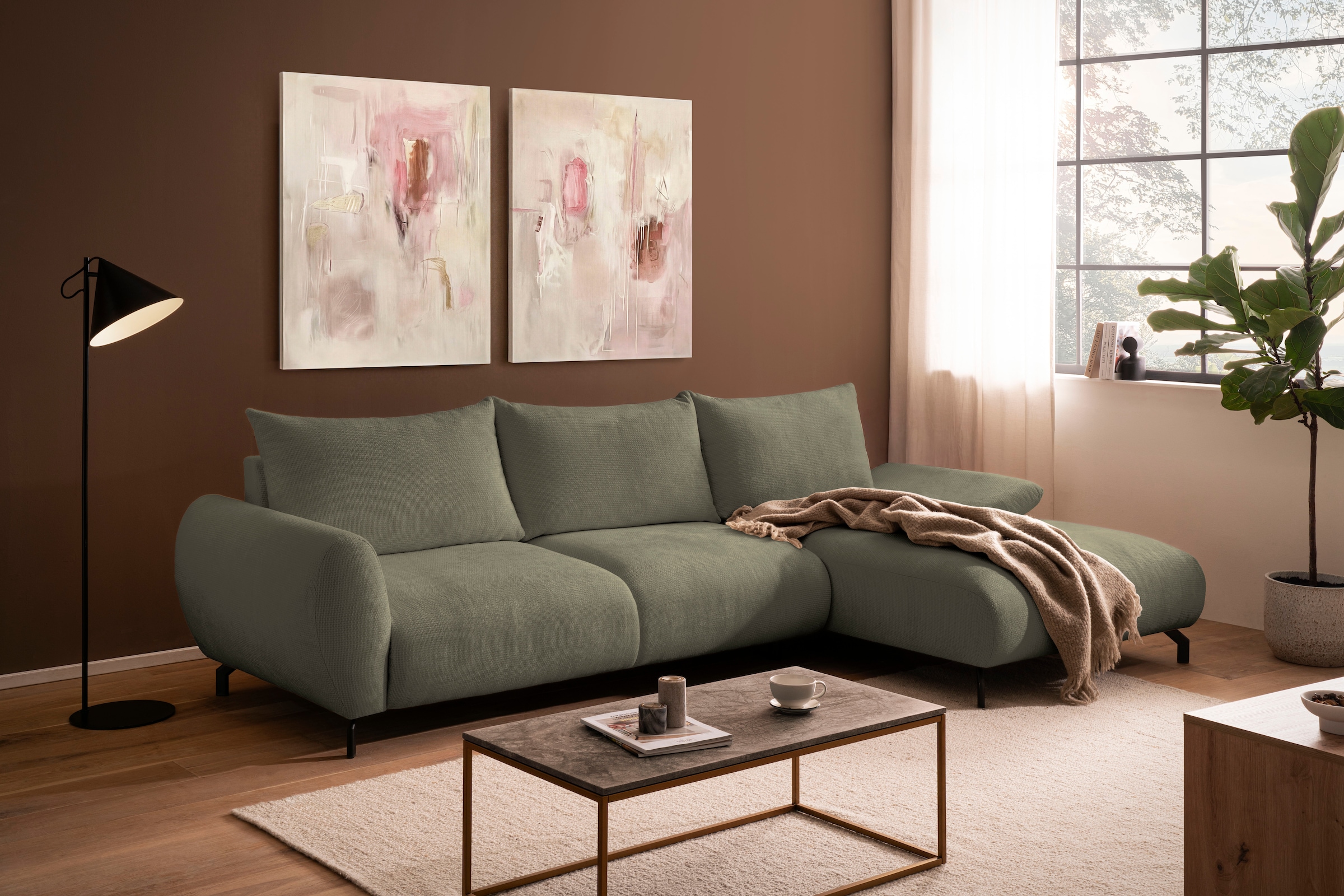 OTTO home Ecksofa »KELLIE, L-Form, 315 cm, verstellbare Armlehne, Metallfüße,« wahlweise Recamiere links o. rechts, Chenille-Stoff, hoher Sitzkomfort