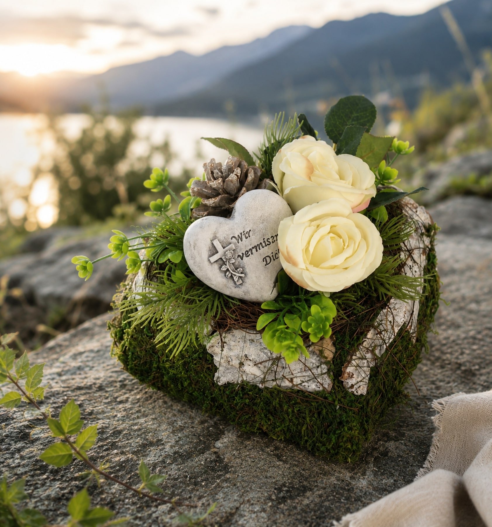 OTTO home Kunstblume »Gesteck mit Rosen und Gedenkherz auf Herz-Pflanzschale« Dekoratives Herzgesteck mit Herzstein und weißen Kunstrosen